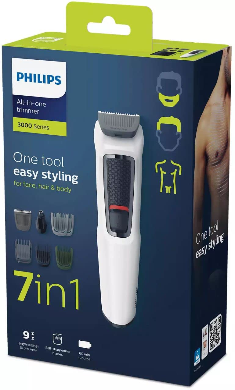 Click to open expanded view PHILIPS MG3721/65 Multi-Grooming Series 3000 7-in-1 for Face-Hair-Body-Nose and Ear Kit Grooming Kit 60 min Runtime Trimmer White