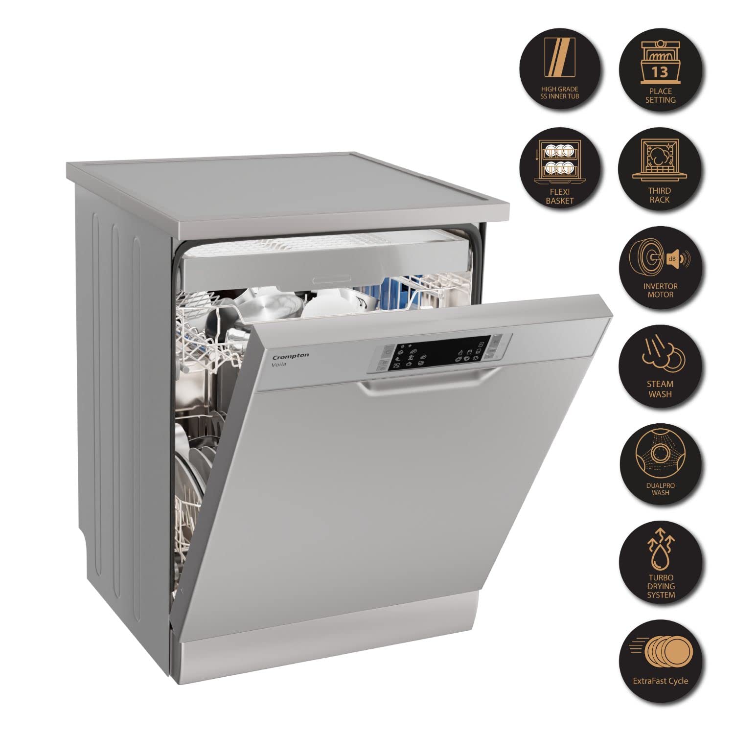 குரோம்ப்டன் FS-DWVOA12PS-DS வோய்லா 12 பிளேஸ் செட்டிங் டார்க் சில்வர் ஃப்ரீஸ்டாண்டிங் டிஷ்வாஷர் வித் ஸ்டெயின்லெஸ் ஸ்டீல் இன்னர் டப்