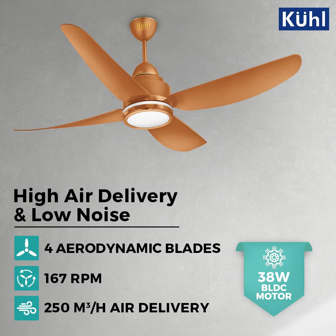 KUHL Luxus C4 1320mm Stylish Power Saving BLDC Ceiling Fan with Remote | Night & Down Light | 38W | 5 Star | IoT – Operate via Mobile & Alexa | Reverse Mode | Free Installation | Copper