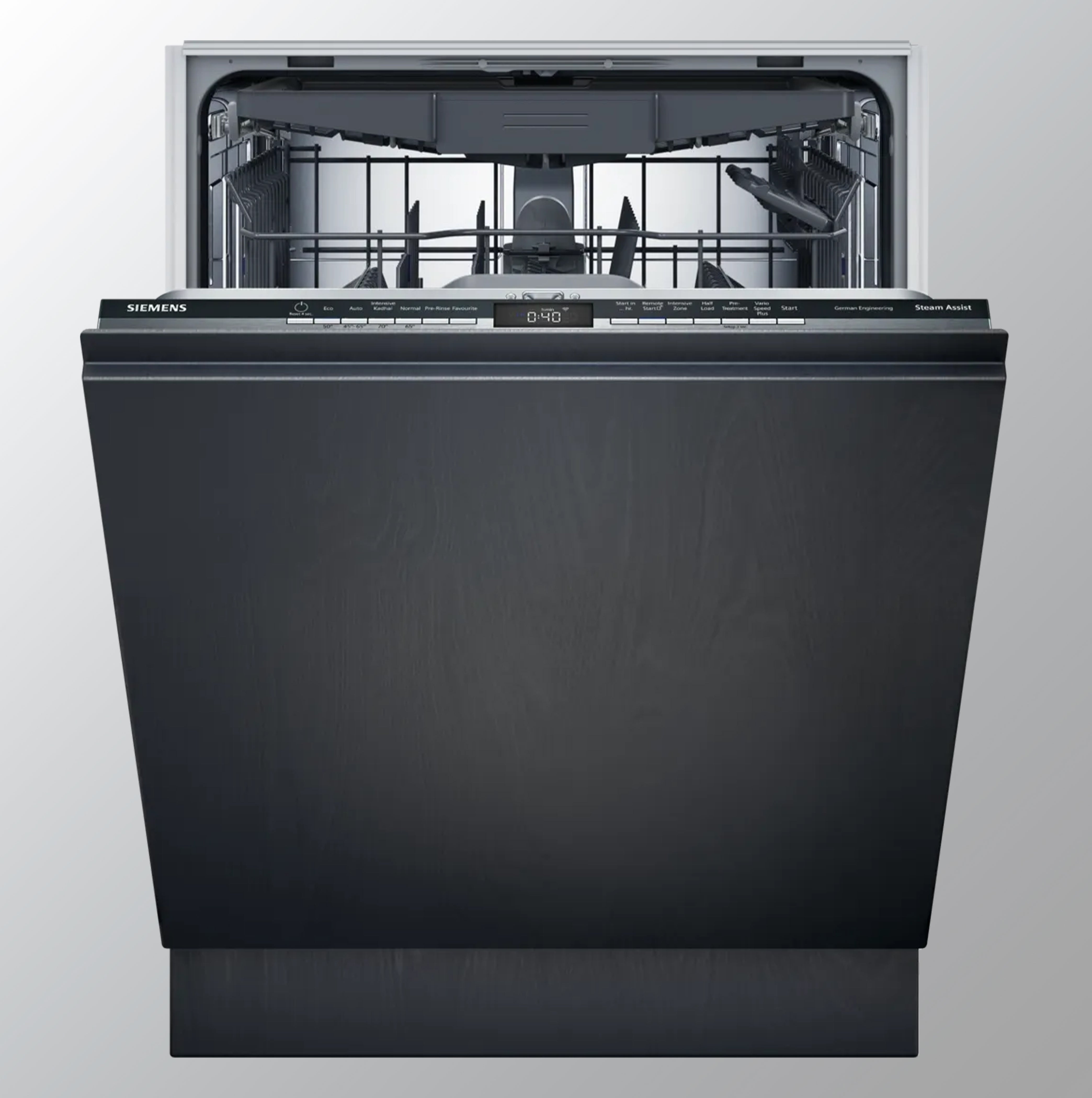 Black Siemens dishwasher with open door on a light gray background