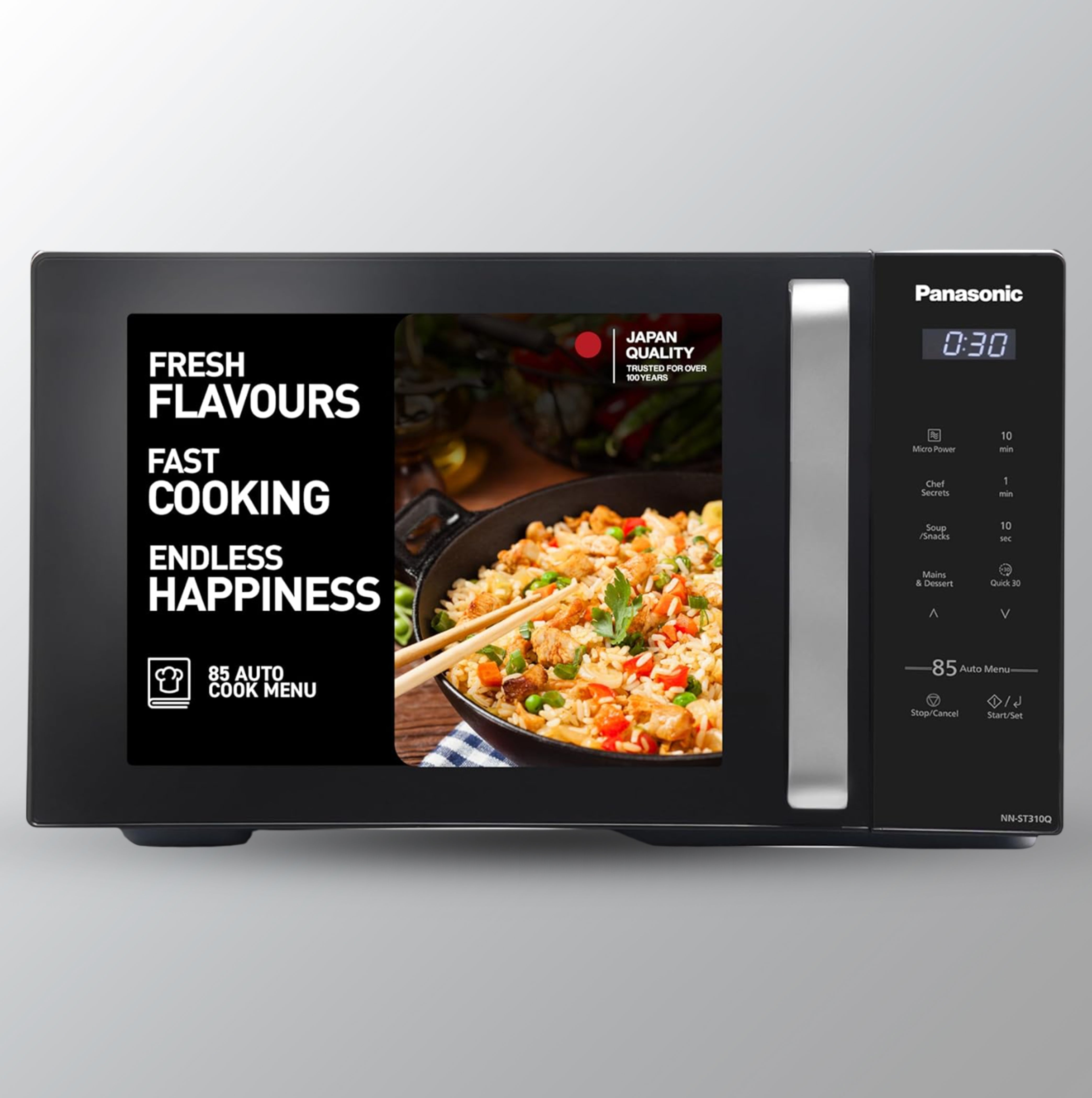 Panasonic 25L Solo Microwave Oven (NN-ST310QBFG, Black, 85 Auto Cook Menus)