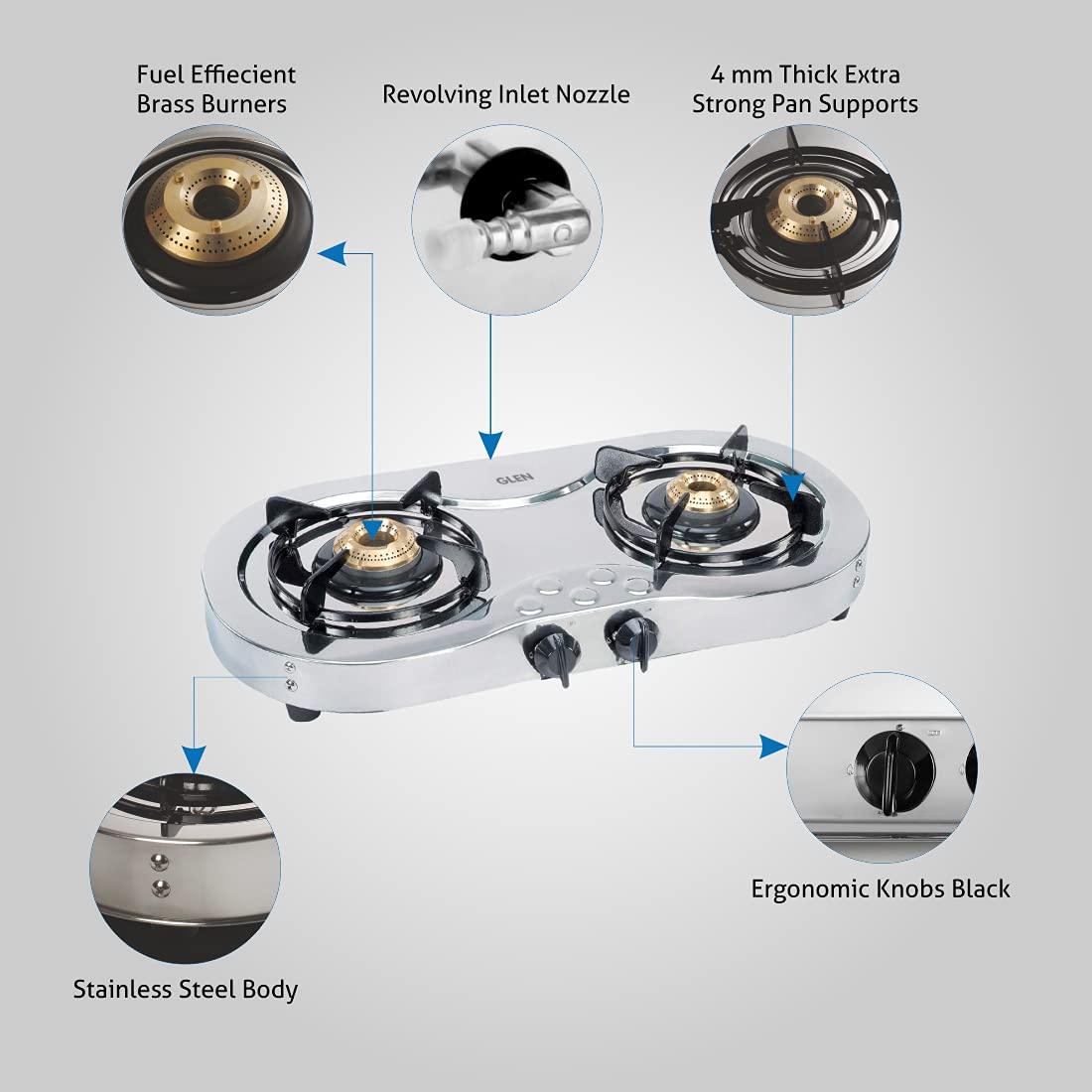 க்ளென் 2 பர்னர் ஸ்டெயின்லெஸ் ஸ்டீல் எல்பிஜி கேஸ் அடுப்பு, பித்தளை பர்னருடன் 2 வருட உத்தரவாதம் (CT1025SS)