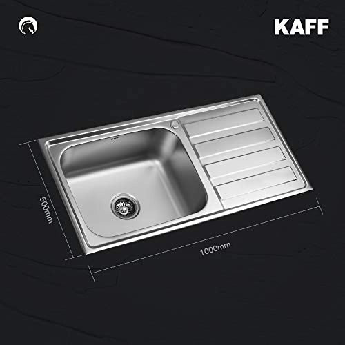 KAFF KSD 10 SBD Single Bowl with Drain Board Stainless Steel Sink Anti Condensation Coating Thick Sound Reduction pad on Bottom with Strainer and Pipe