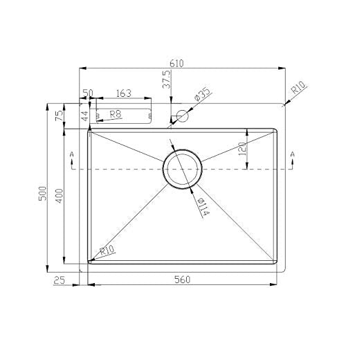 KAFF KSP 61 SB (R10) Stainless Steel Single Bowl Sink, 610 X 500 X 228 mm