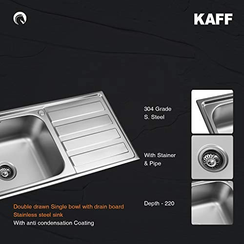 KAFF KSD 10 SBD Single Bowl with Drain Board Stainless Steel Sink Anti Condensation Coating Thick Sound Reduction pad on Bottom with Strainer and Pipe