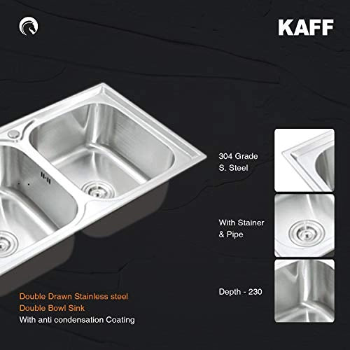 KAFF KS 85 DB | Double Bowl Stainless Steel Sink | Anti Condensation Coating Thick Sound Reduction pad on Bottom | with Strainer and Pipe