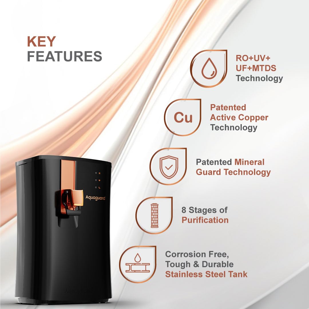 Aquaguard Ritz RO+UV+TA+AC Water Purifier | Stainless Steel Tank | Upto 60% Water Savings | Active Copper Tech | 8 Stage Purification | Suitable for Borewell/Tanker/Municipal Water | 2 Free S