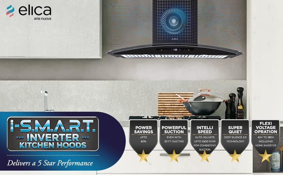 Elica iSMART 5 STAR Performance 90 cm Chimney with Inverter Technology and LTW (iSMART GLACE TRIM BF LTW 903 NERO)