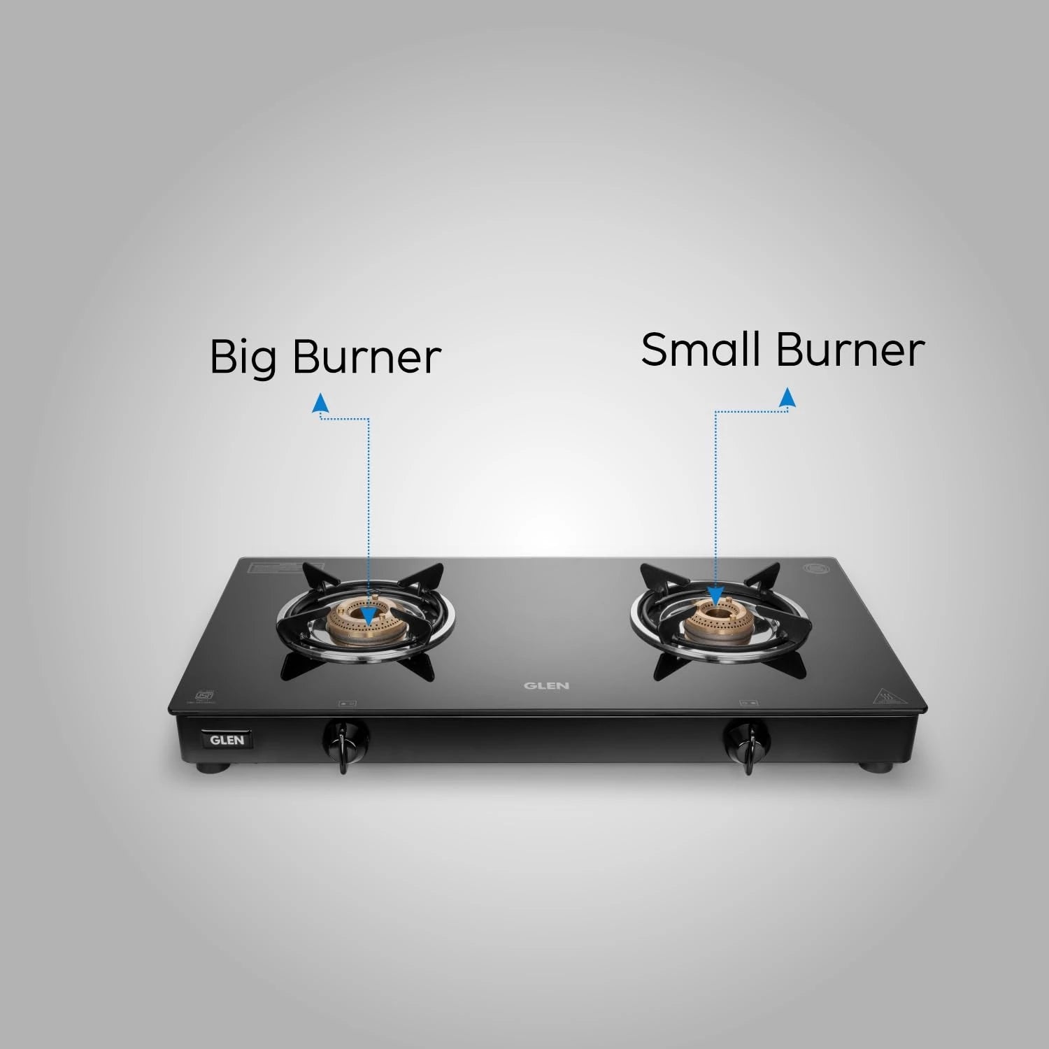 Glen 2 Burner Glass Gas Stove | Toughened Glass Top | Extra Large High Flame Brass Burners | Black | Manual Ignition | ISI Certified (1022 GTXL BB BL)