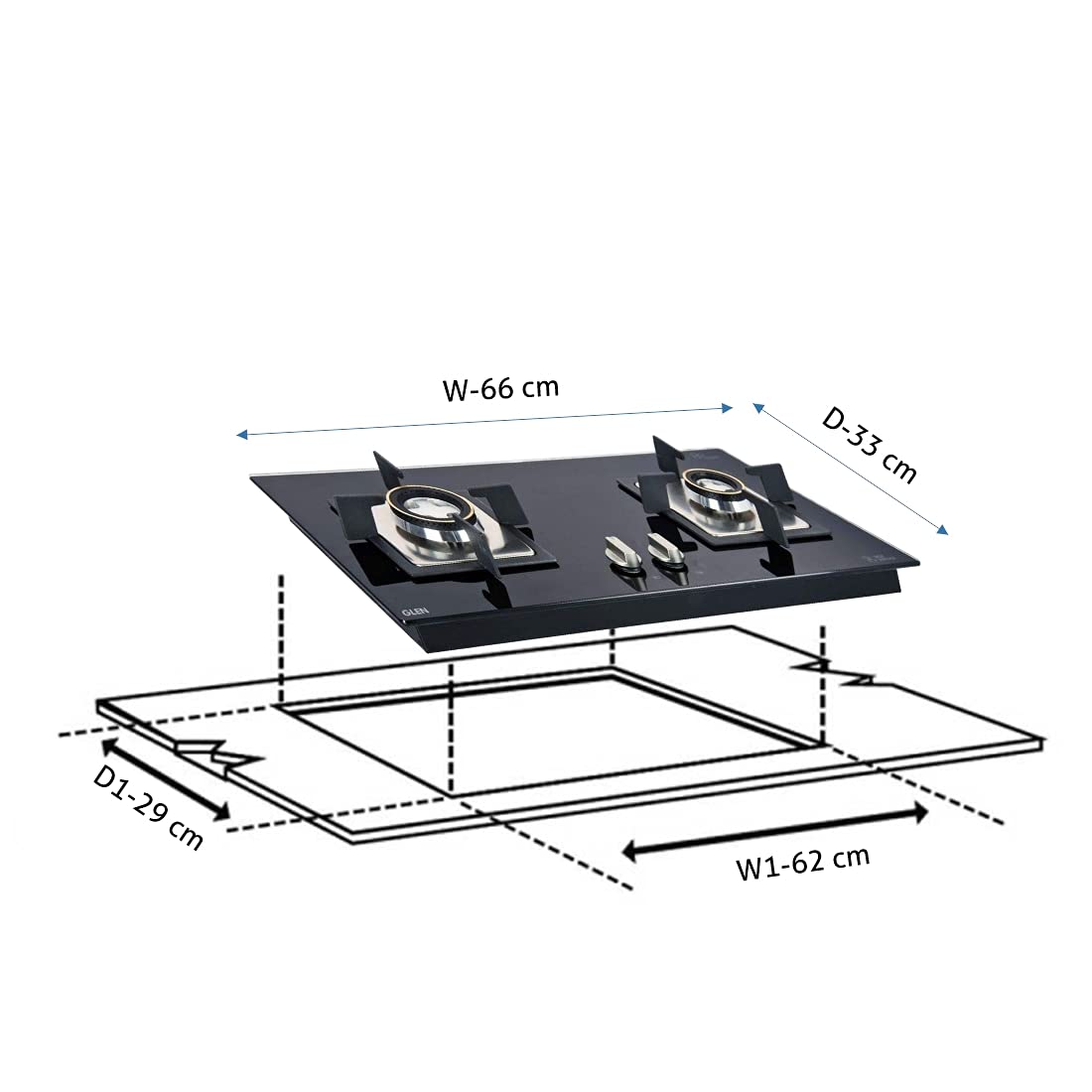 Glen 2 Burner Auto Ignition Built in Glass Hob 1022 SQ HT DB