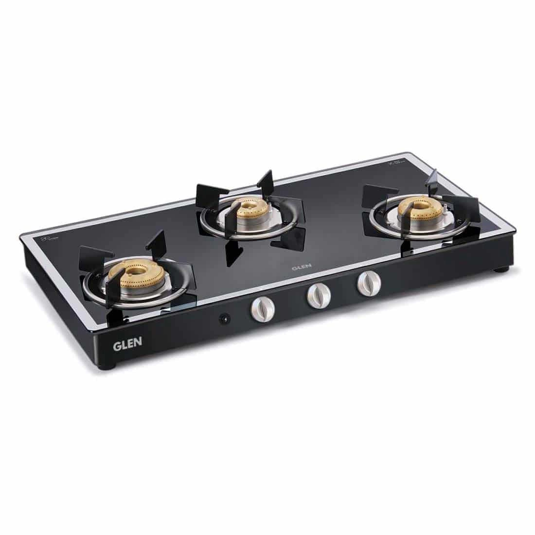 Glen 3 Burner Gas Stove 1038 GT Forged Burners Black Mirror Finish
