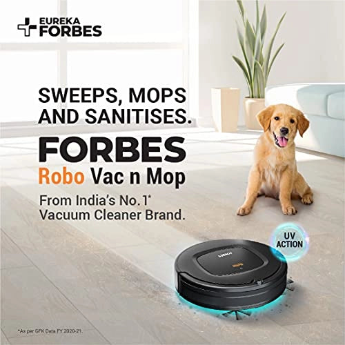 Eureka Forbes Robo Vac N Mop with Powerful Suction, 3 in 1 Robotic Vacuum Cleaner (Dry Suction+Mopping+UV Action+Remote Control), Works on on Tiles, Carpets and Wooden Floors (Black)