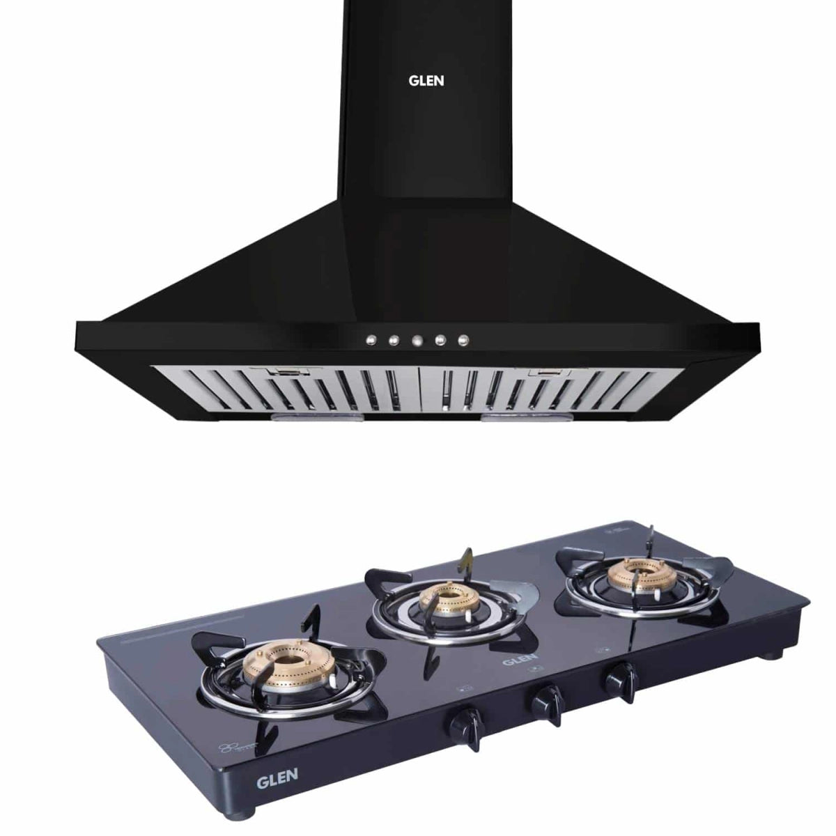 Glen Pyramid Chimney 6050 Junior DX Black 60cm 1000 m3/h with Glen 1033 GT Brass Burner Black Cooktop