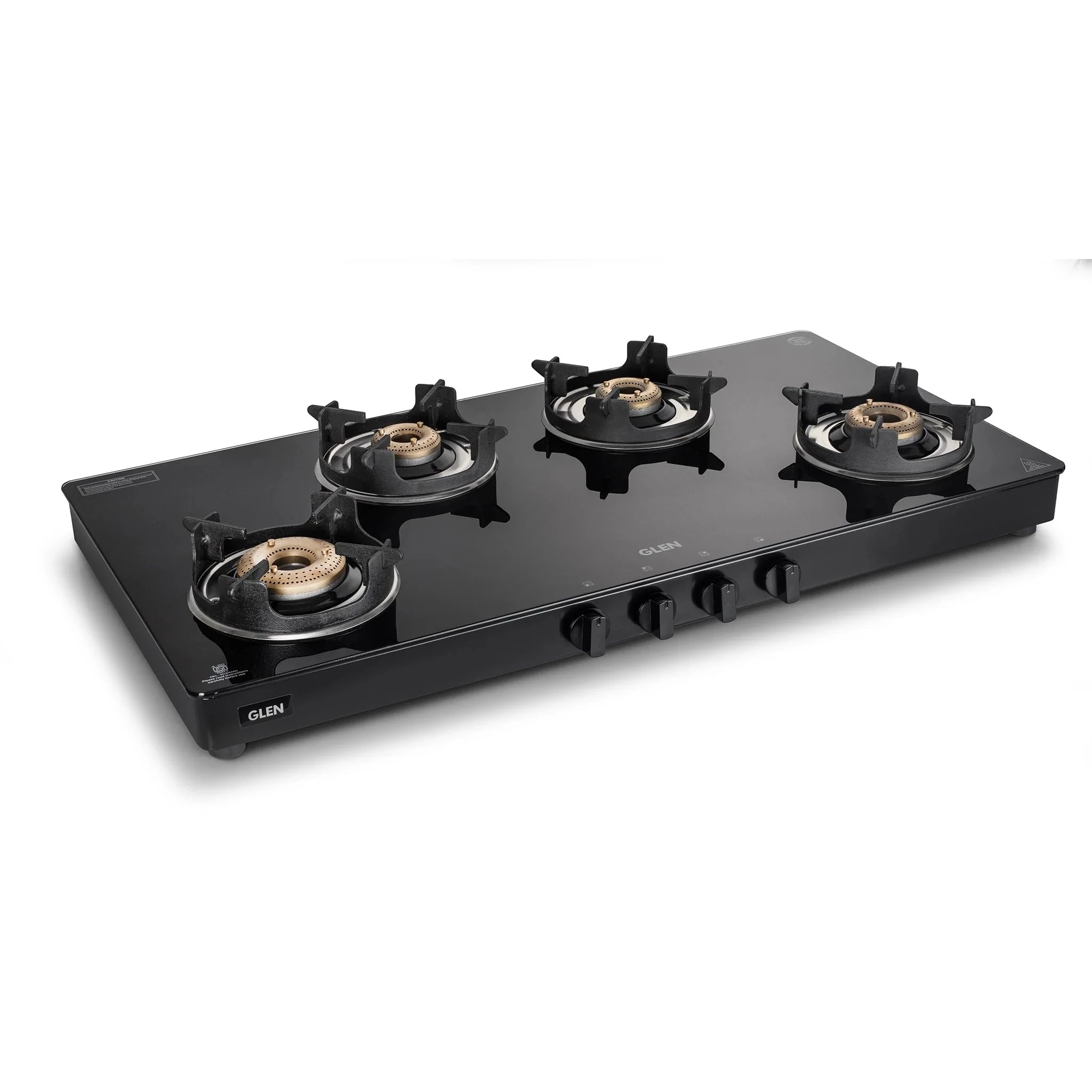 Glen 4 Burner Glass Gas Stove | High Flame Forged Brass Burners | Crown Pan Supports | Toughened Glass Top | ISI Certified | Black (CT1044GTBBBLHFCP)