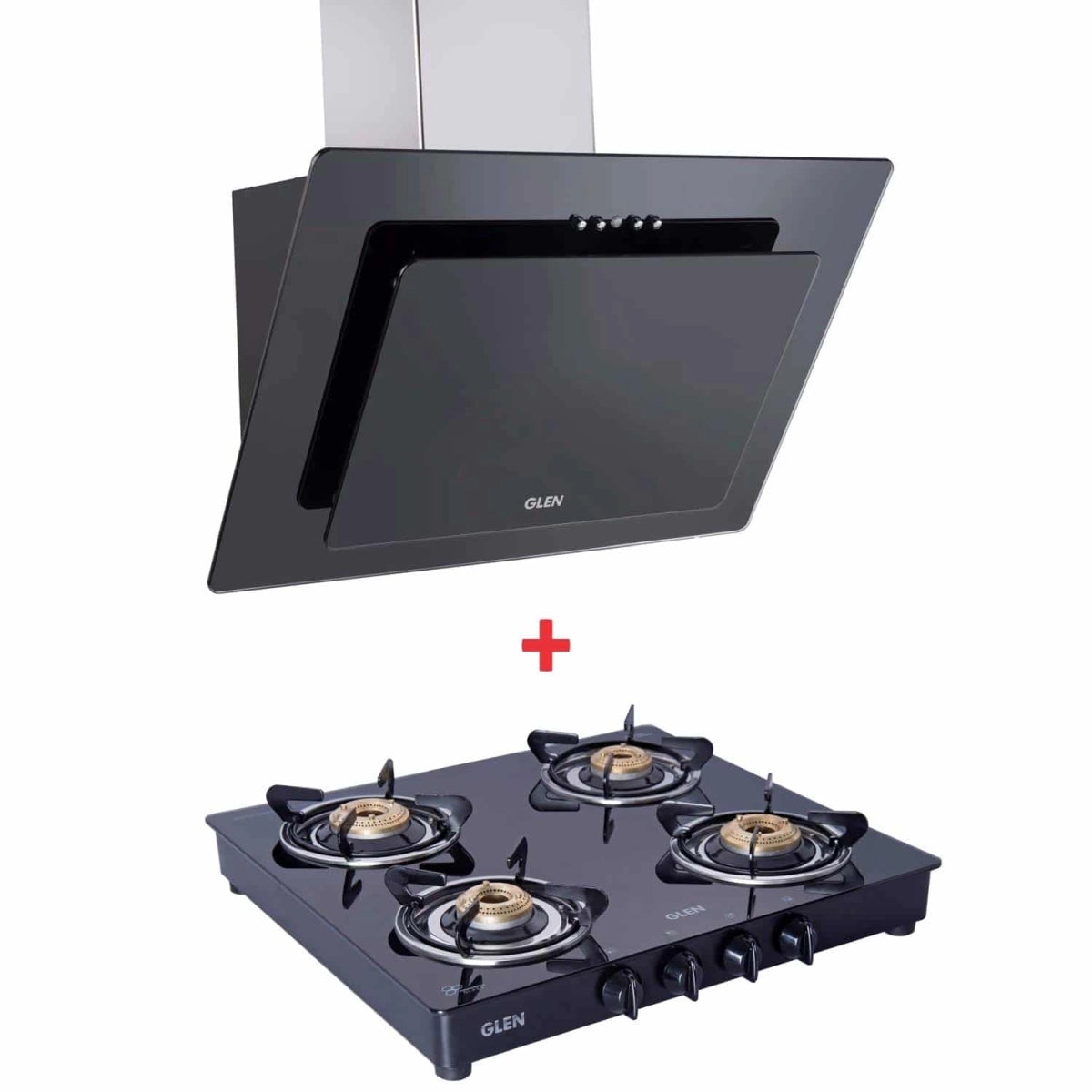 Glen 60cm 1000 m3/hr Designer Ductless Chimney (6079 Push Buttons, Baffle Filter Black) + Glen 1043 GT Brass Burner Black Cooktop