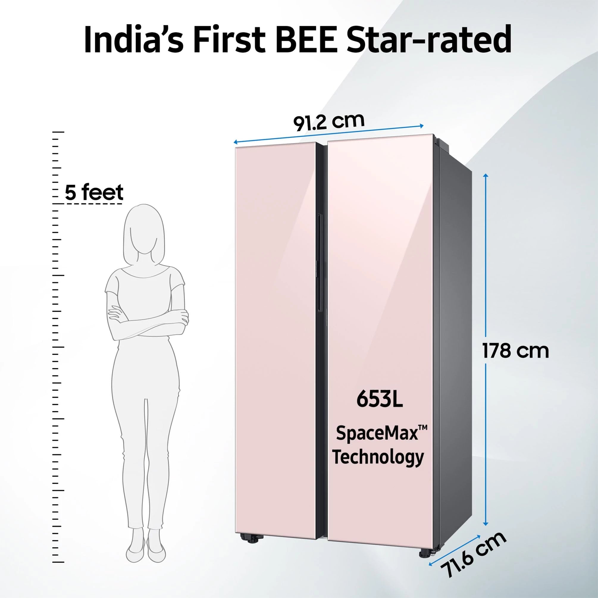 Samsung 653 L, 3 Star, Bespoke AI, Glass Door, Frost Free, Double Door, Convertible 5-in-1 Digital Inverter, Side By Side Smart Refrigerator with Auto Open Door (RS76CB81A3P0HL, Clean Pink)