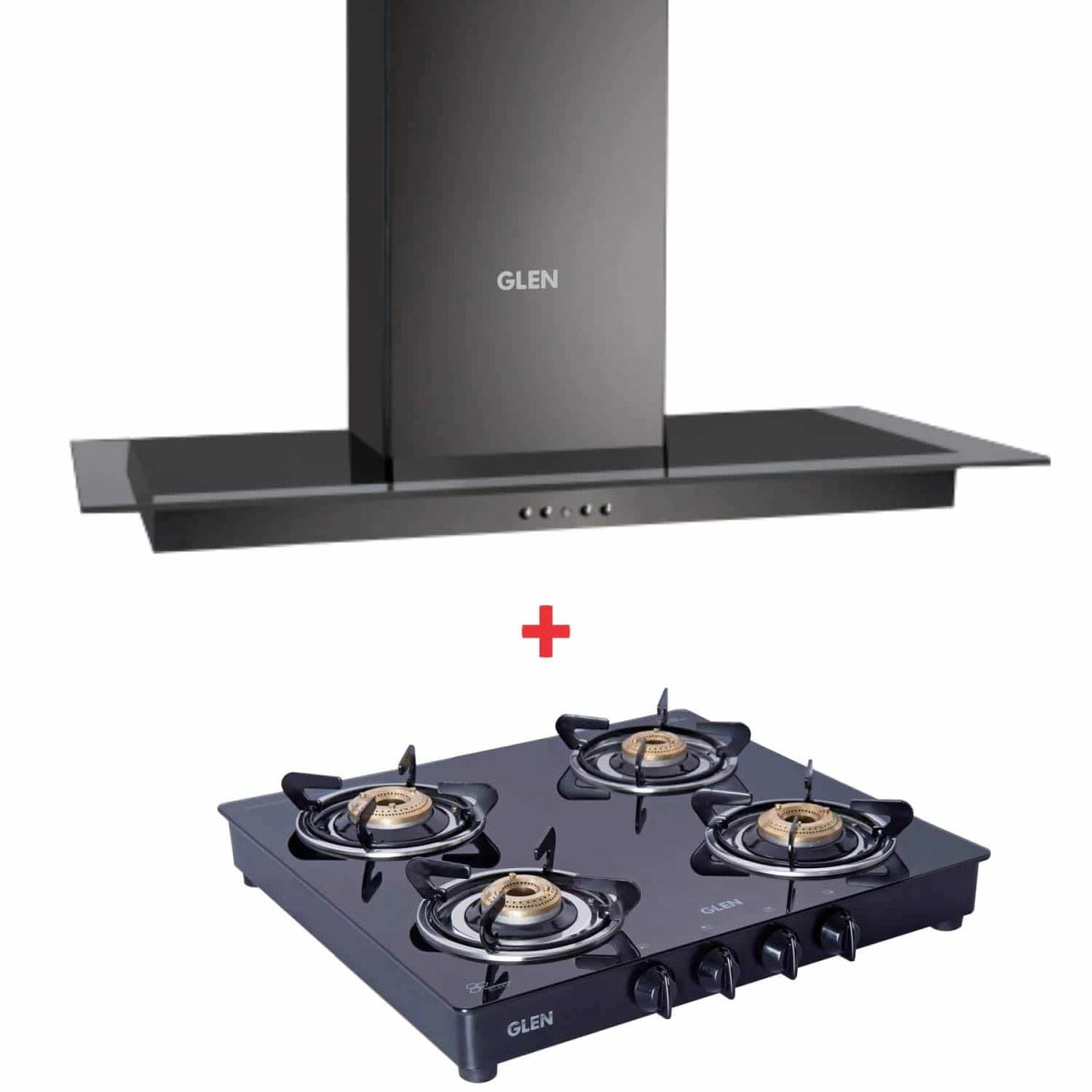 Glen Black Kitchen Chimney 6062 60cm 1000 m3/h Baffle Filter & Glen 4 Burner Gas Stove 1043 GT Brass Burner Black Cooktop