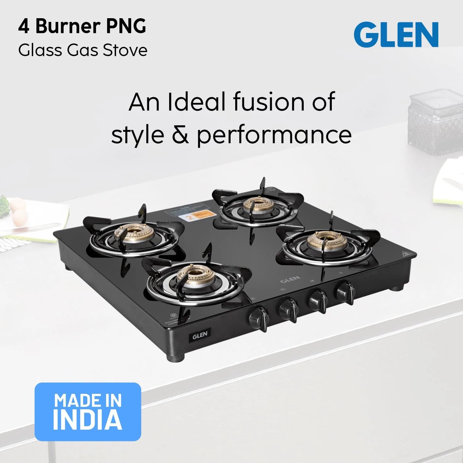 Glen PNG Gas Stove 4 Burner | Toughened Glass Top Gas Stoves Brass Burners Black | ISI Certified (1043 GT BB BL PN) Manual