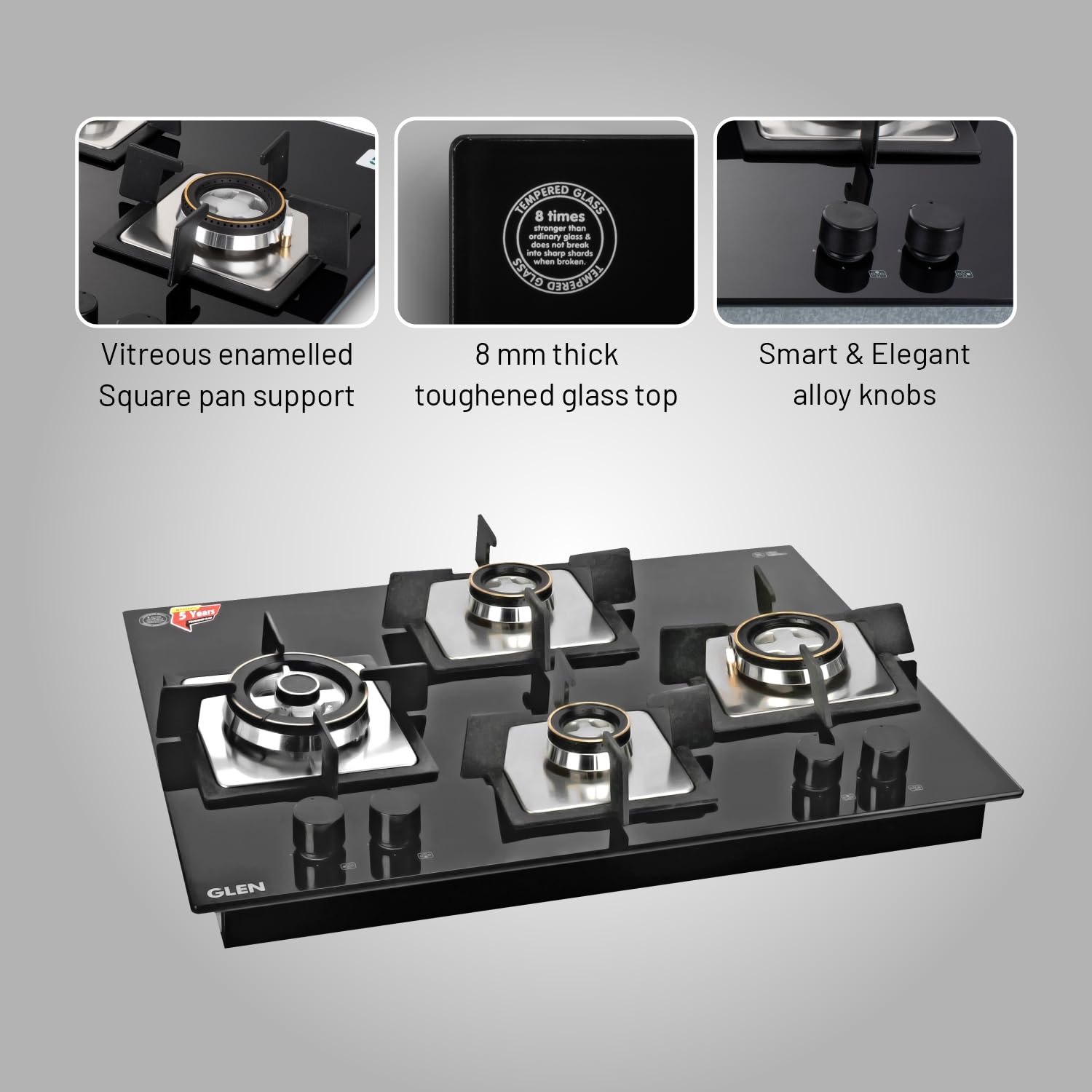 Glen 4 Burner Glass Hob Top Triple Ring Burner Double Ring Forged Brass Burner Auto Ignition (1065 X Sq Ht Db Tr), Black