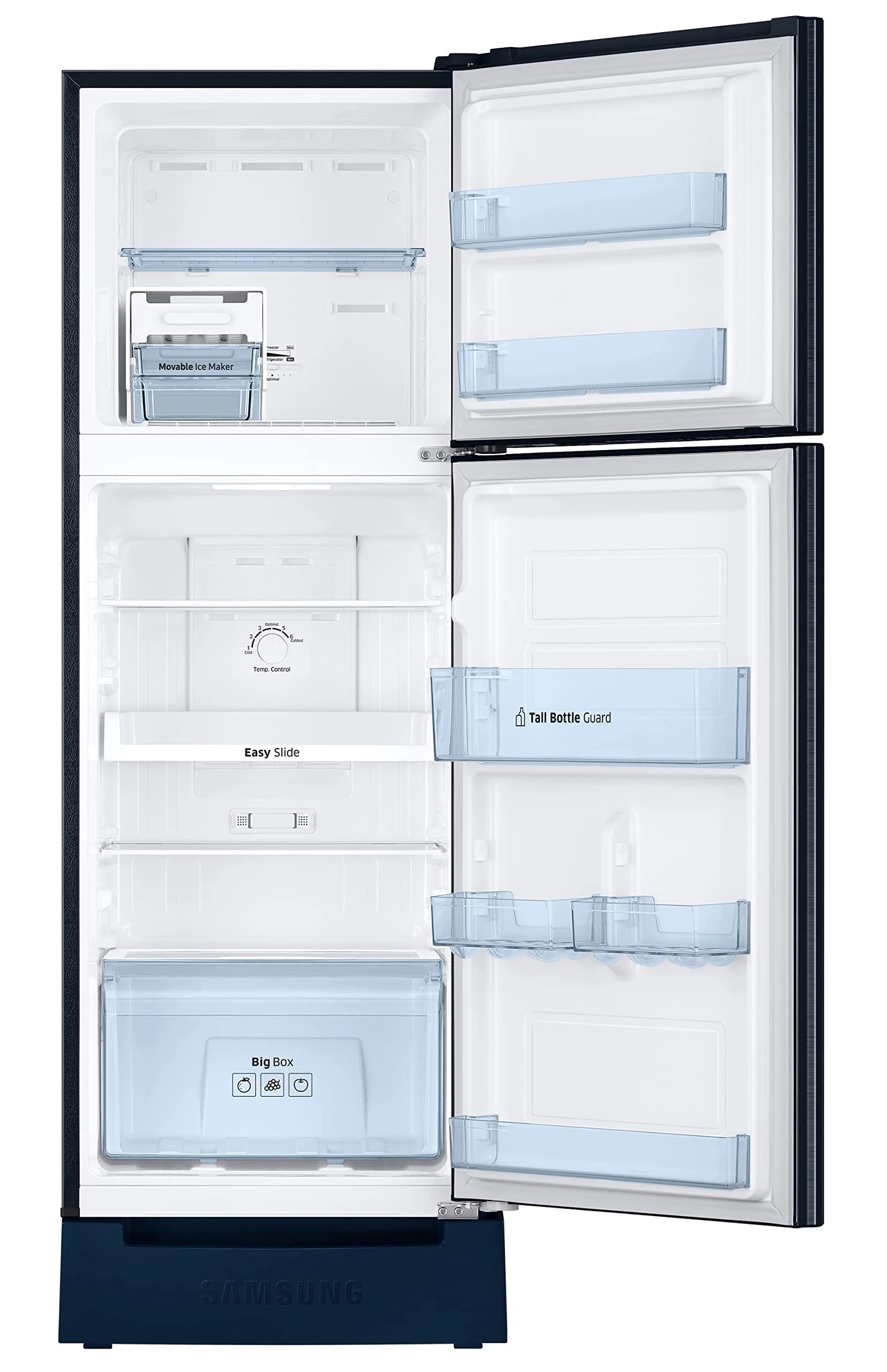 Samsung 236L 2 Star Inverter Frost-Free Double Door Refrigerator Appliance (RT28C3122CU/HL,Camellia Blue), Base Stand Drawer