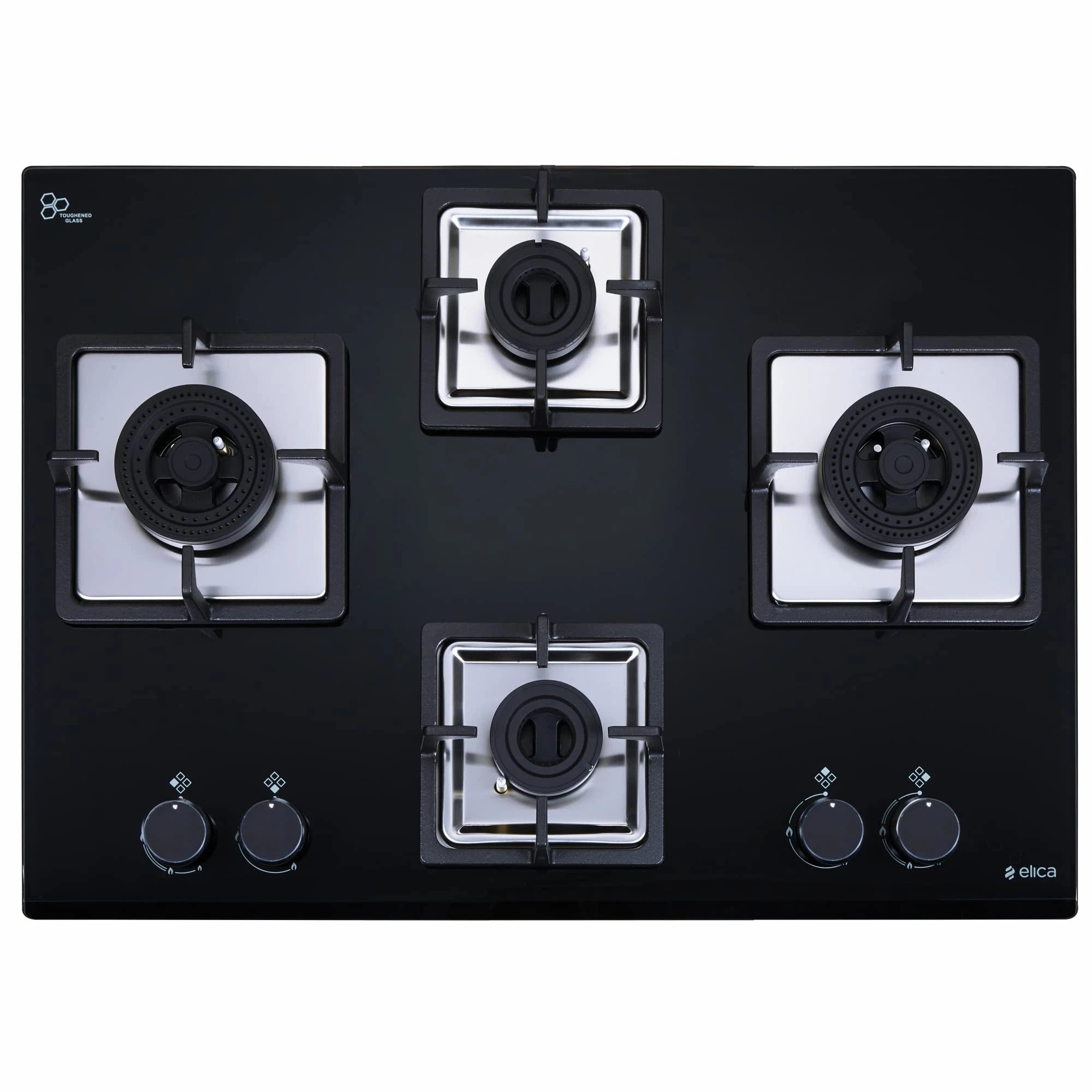 எலிகா ஹாப் 4 பர்னர் ஆட்டோ இக்னிஷன் கிளாஸ் டாப் வித் டைரக்ட் ஃபிளேம் அலுமினிய பித்தளை பர்னர்கள் - 2 சிறிய மற்றும் 2 மீடியம் கேஸ் ஸ்டவ் (IND FLEXI AB 470 DX DFS)