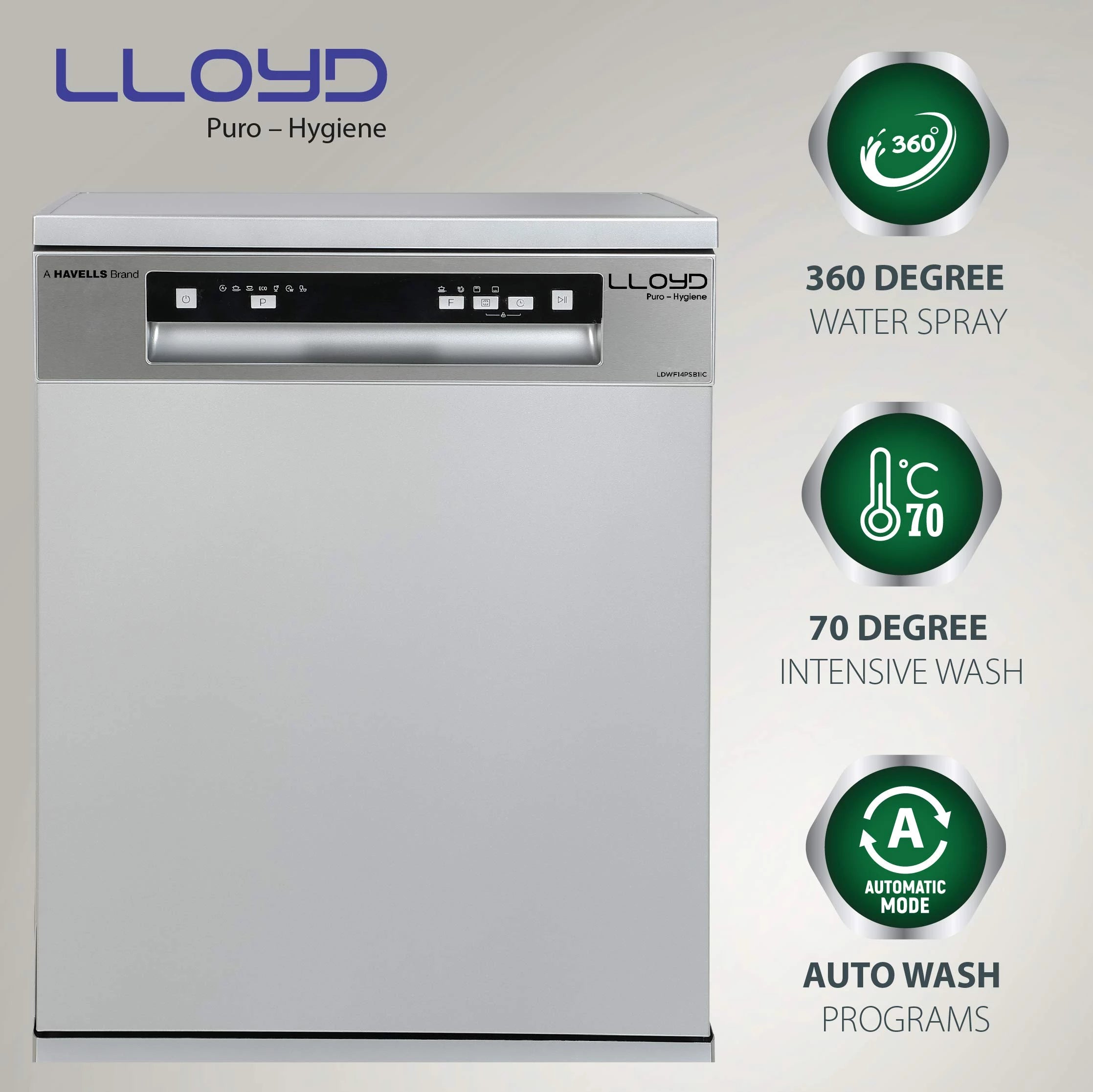 Havells-Lloyd Puro Hygiene (LDWF14PSB1IC, 14 Place Settings, 99% Germs Free with Sparkle Clean Technology, Auto Clean,Infinity Drawer, Super Silent, Silver)
