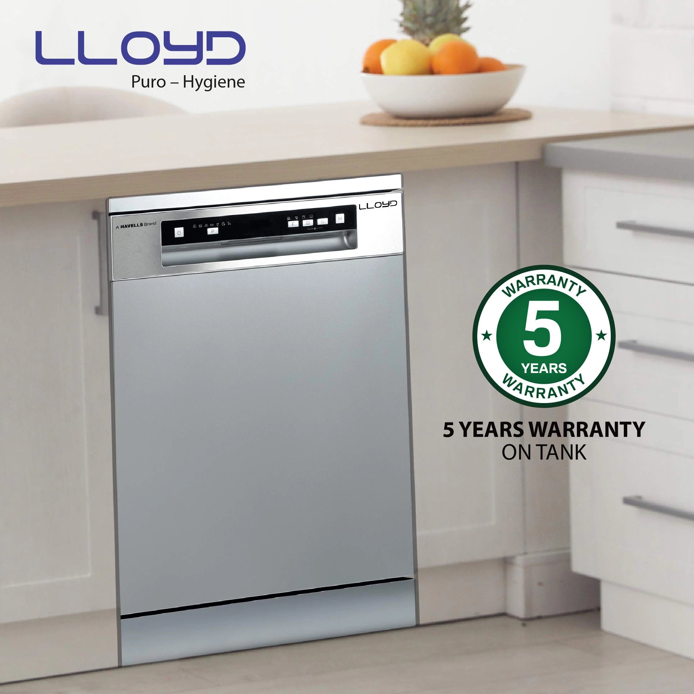 Havells-Lloyd Puro Hygiene (LDWF14PSB1IC, 14 Place Settings, 99% Germs Free with Sparkle Clean Technology, Auto Clean,Infinity Drawer, Super Silent, Silver)