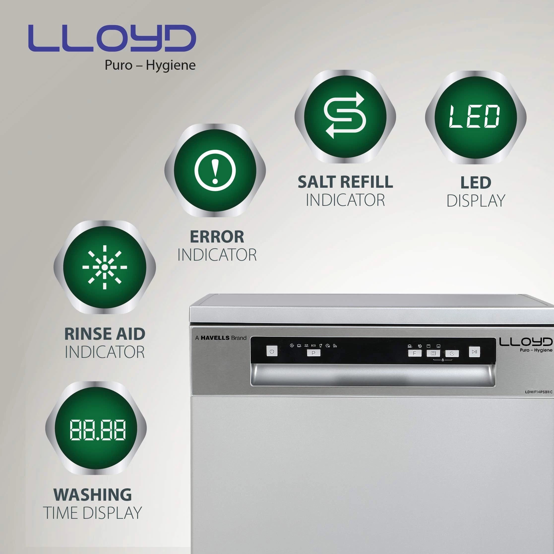 Havells-Lloyd Puro Hygiene (LDWF14PSB1IC, 14 Place Settings, 99% Germs Free with Sparkle Clean Technology, Auto Clean,Infinity Drawer, Super Silent, Silver)