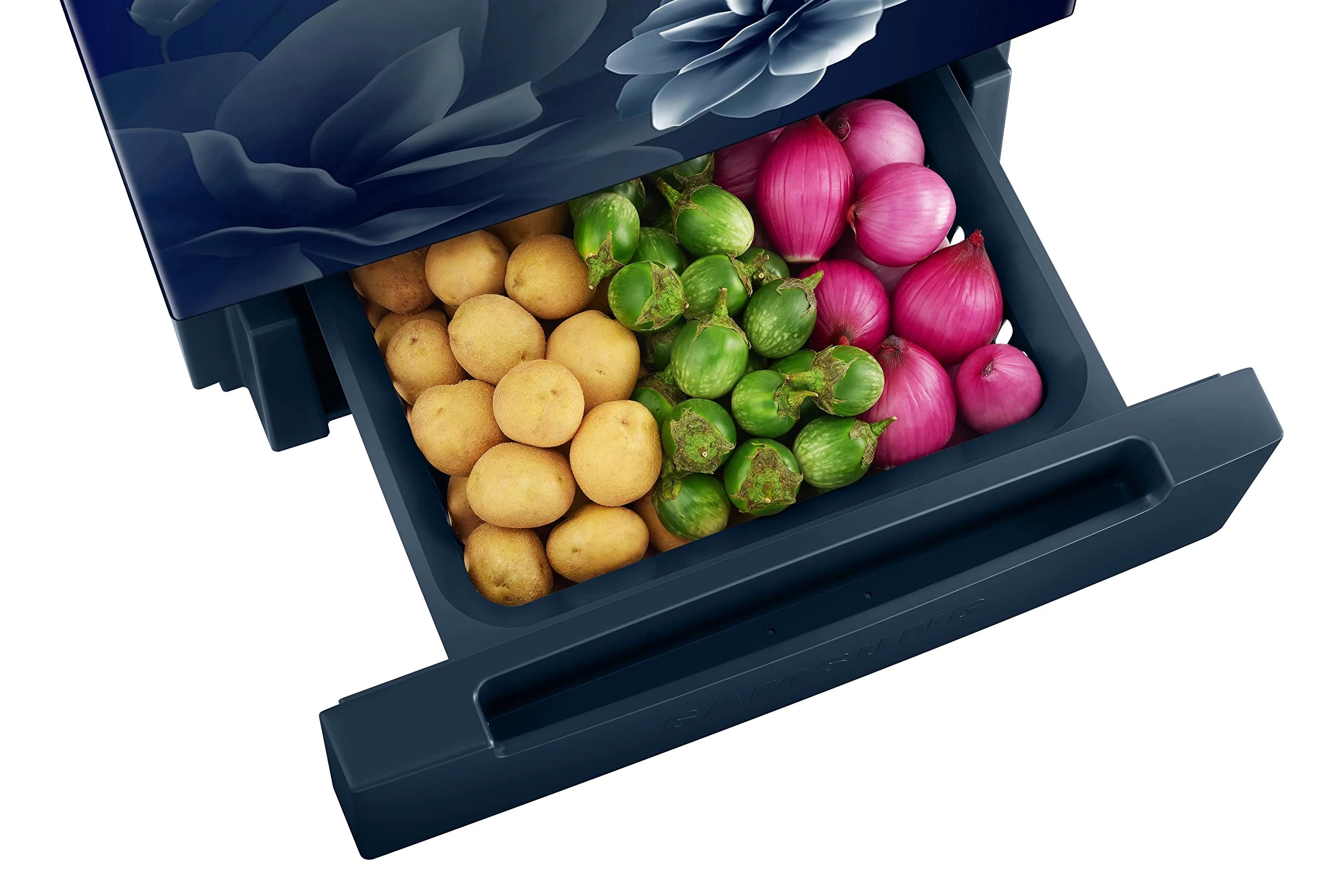 Samsung 236L 2 Star Inverter Frost-Free Double Door Refrigerator Appliance (RT28C3122CU/HL,Camellia Blue), Base Stand Drawer