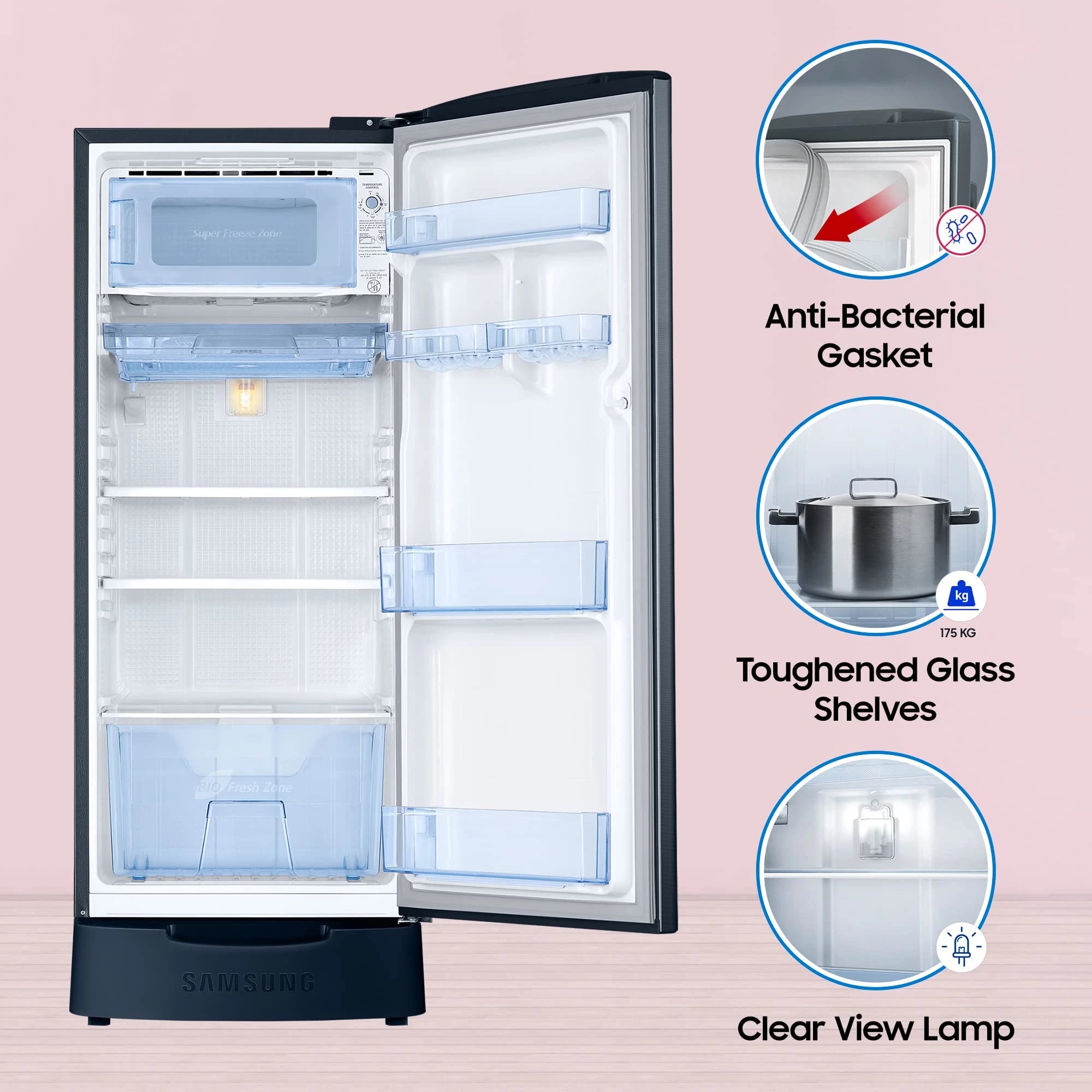 Samsung 183 L, 3 Star, Digital Inverter, Direct-Cool Single Door Refrigerator (RR20C1823U8/HL, Blooming Saffron Blue, Base Stand Drawer)