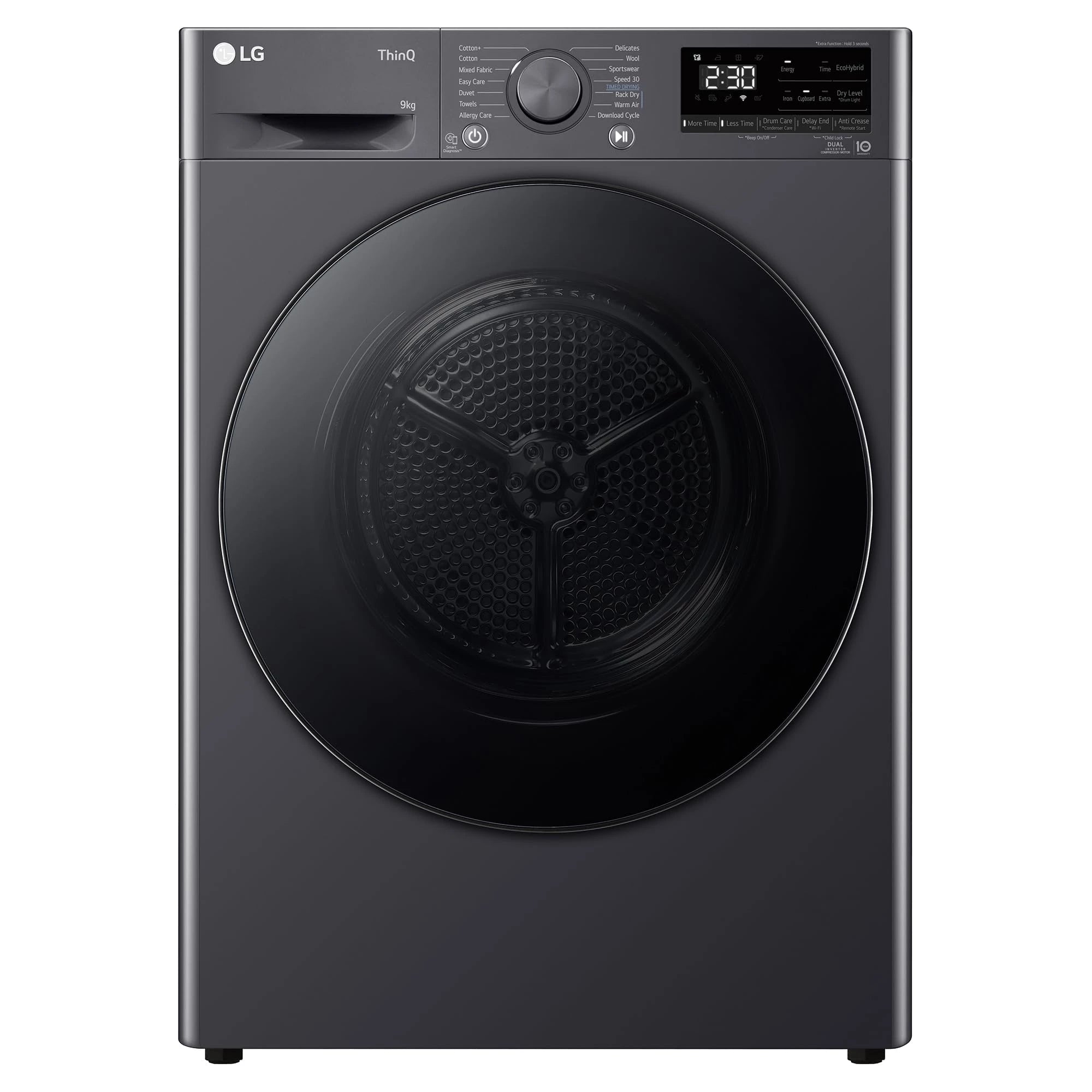 LG 9 Kg, Wi-Fi, Dual Inverter Heat Pump, Eco-Hybrid Technology Fully Automatic Front Load Dryer (DHV09SAM, Double Layer Air Filter, Allergy Care, Auto Cleaning Condenser, Middle Black)