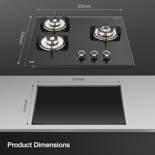 KAFF VRH 603 Built-in Hob/Hobtop 3 Burners with Auto Electric Ignition Glass Top, 60 CM, Brass Burners, Matt Enameled Pan Support, 8 MM Thick Toughened Glass (Black)