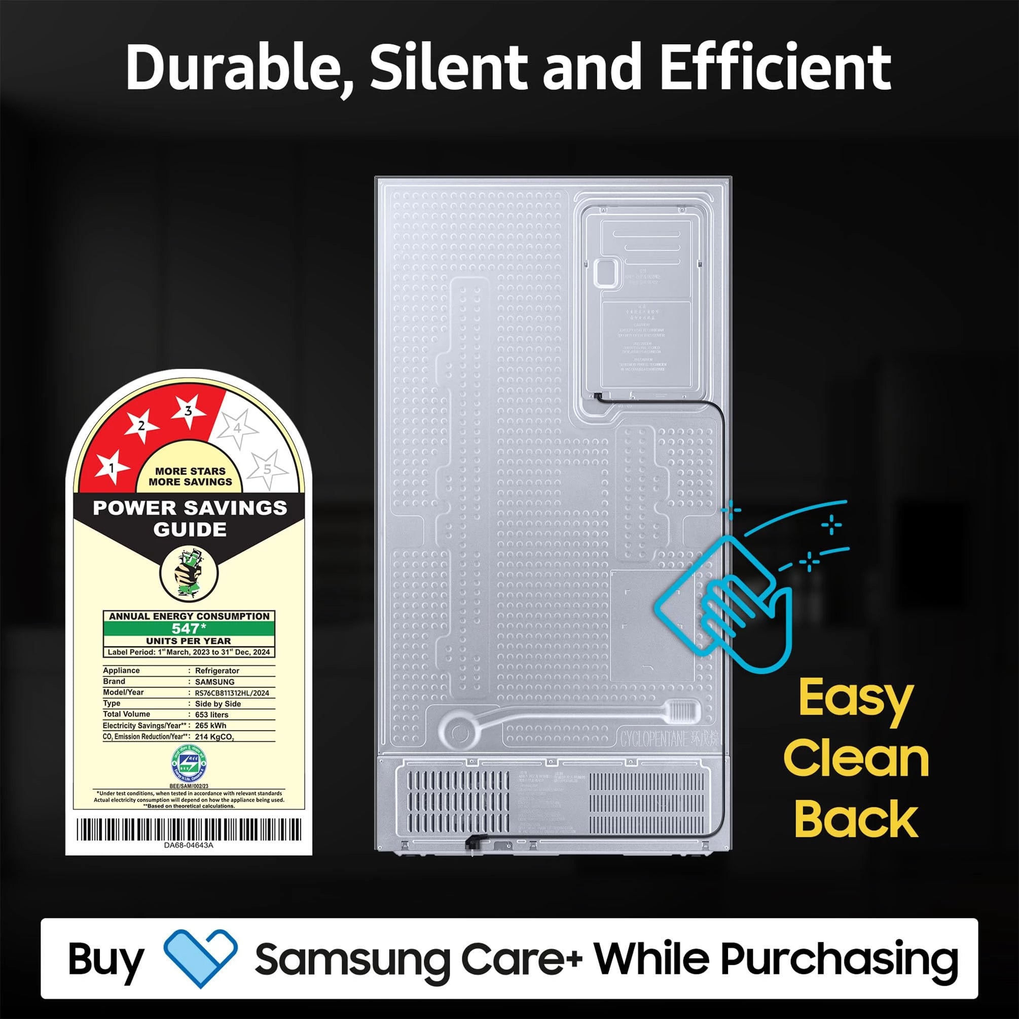 Samsung 653 L, 3 Star, Bespoke, Glass Door, Frost Free, Double Door, Convertible 5-in-1 Digital Inverter, Side By Side AI Enabled Smart Refrigerator with WiFi (RS76CB811312HL, Clean White)
