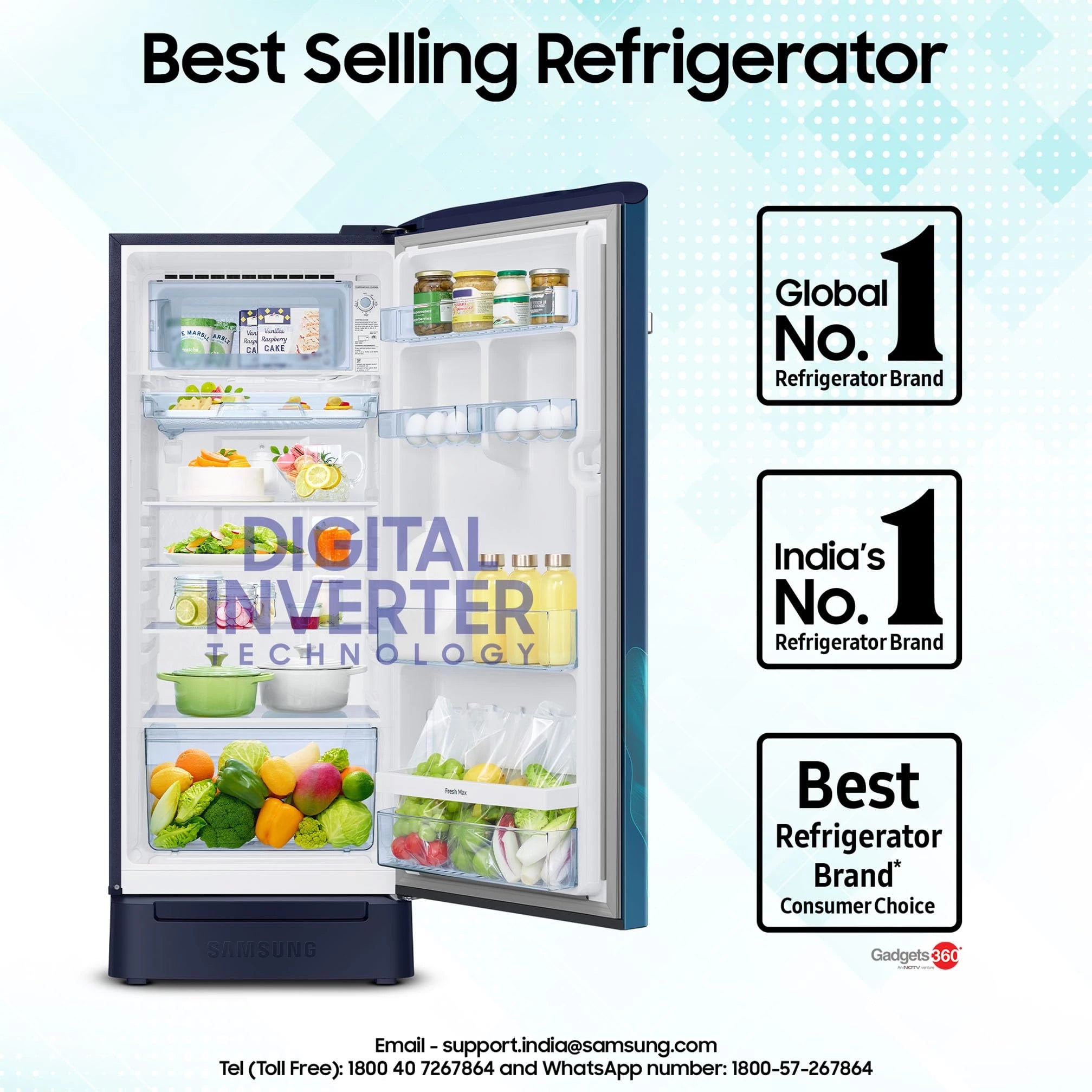 Samsung 215 L, 5 Star, Digital Inverter, Direct-Cool Single Door Refrigerator (RR23D2H359U/HL, Paradise Bloom Blue, Base Stand Drawer)