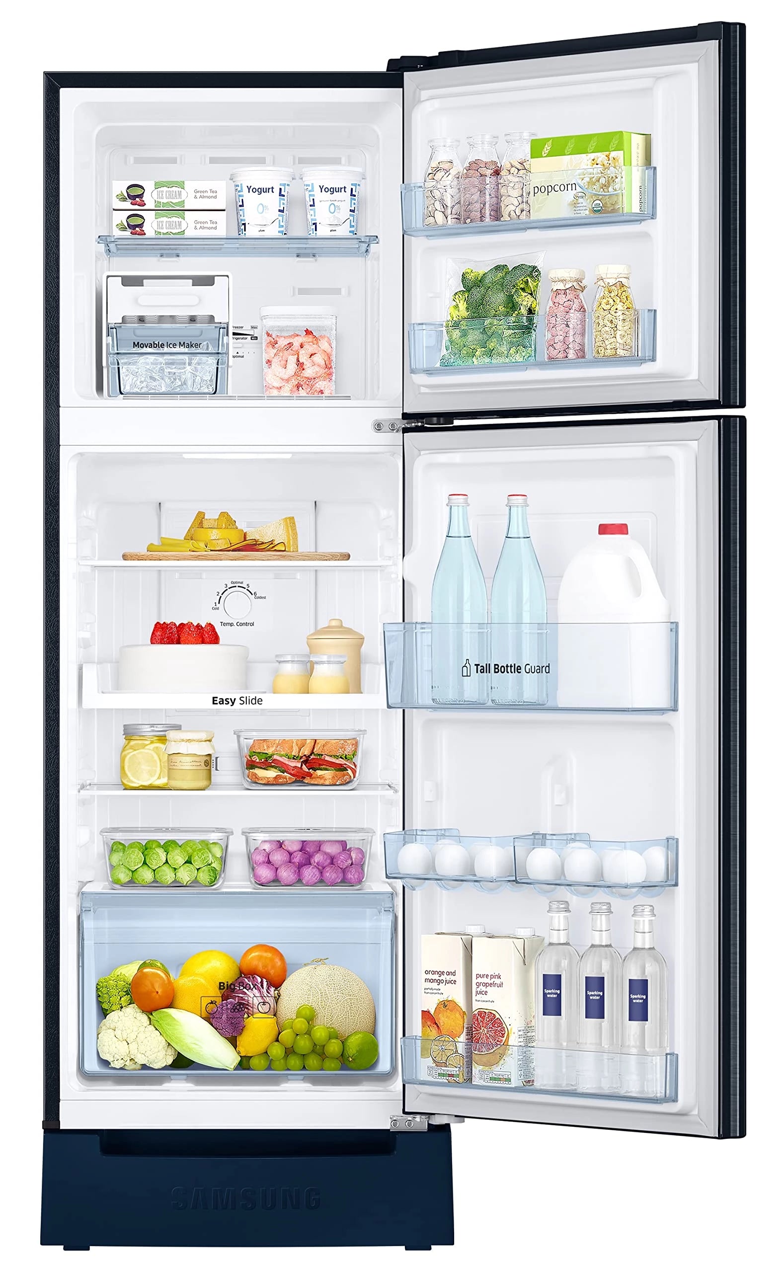 Samsung 236L 2 Star Inverter Frost-Free Double Door Refrigerator Appliance (RT28C3122CU/HL,Camellia Blue), Base Stand Drawer