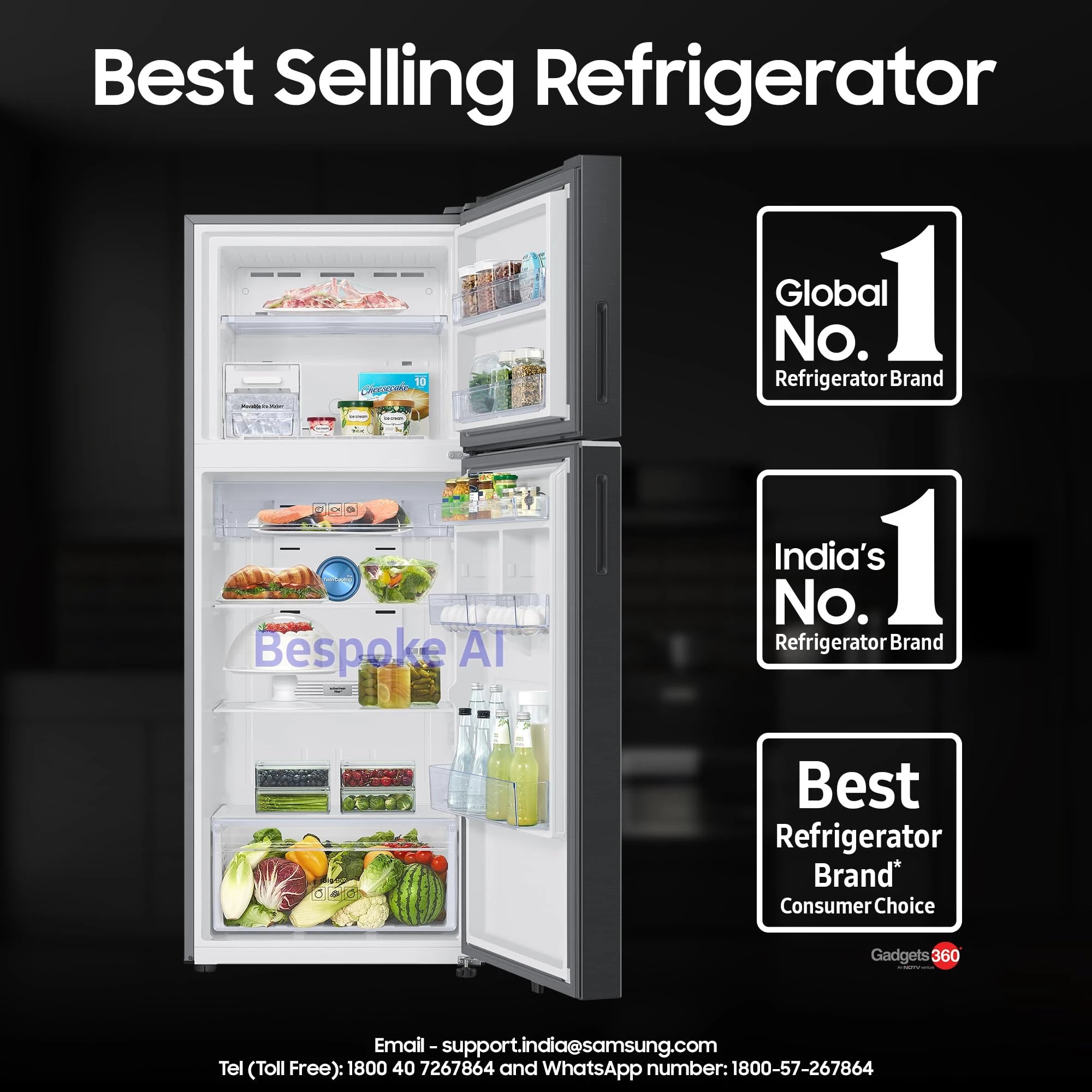 Samsung 467 L, 3 Star, Convertible 5-in-1, Digital Inverter, Frost Free Double Door, Bespoke AI WiFi Enabled Refrigerator (RT80F51C3KHL, Luxe Black)