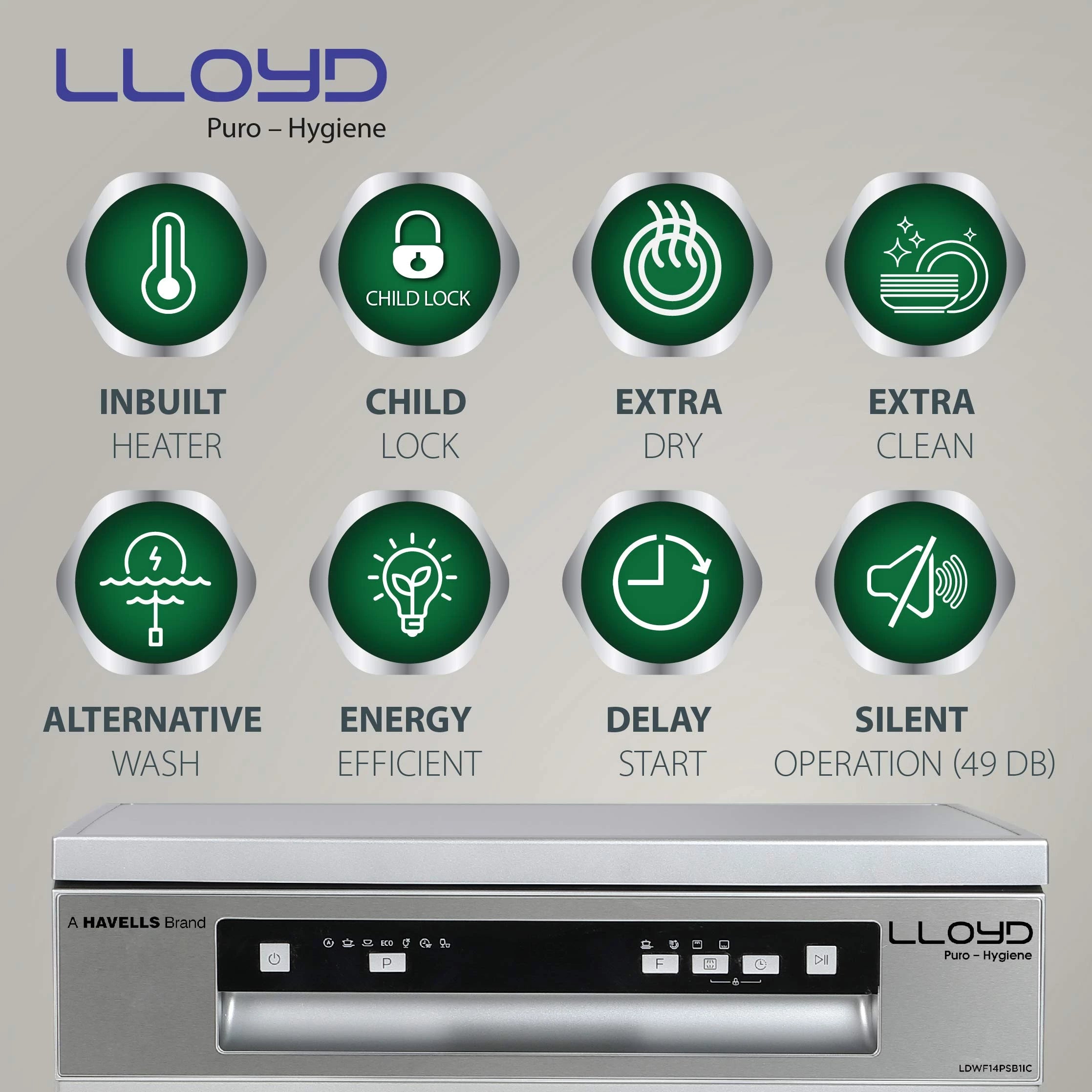 Havells-Lloyd Puro Hygiene (LDWF14PSB1IC, 14 Place Settings, 99% Germs Free with Sparkle Clean Technology, Auto Clean,Infinity Drawer, Super Silent, Silver)