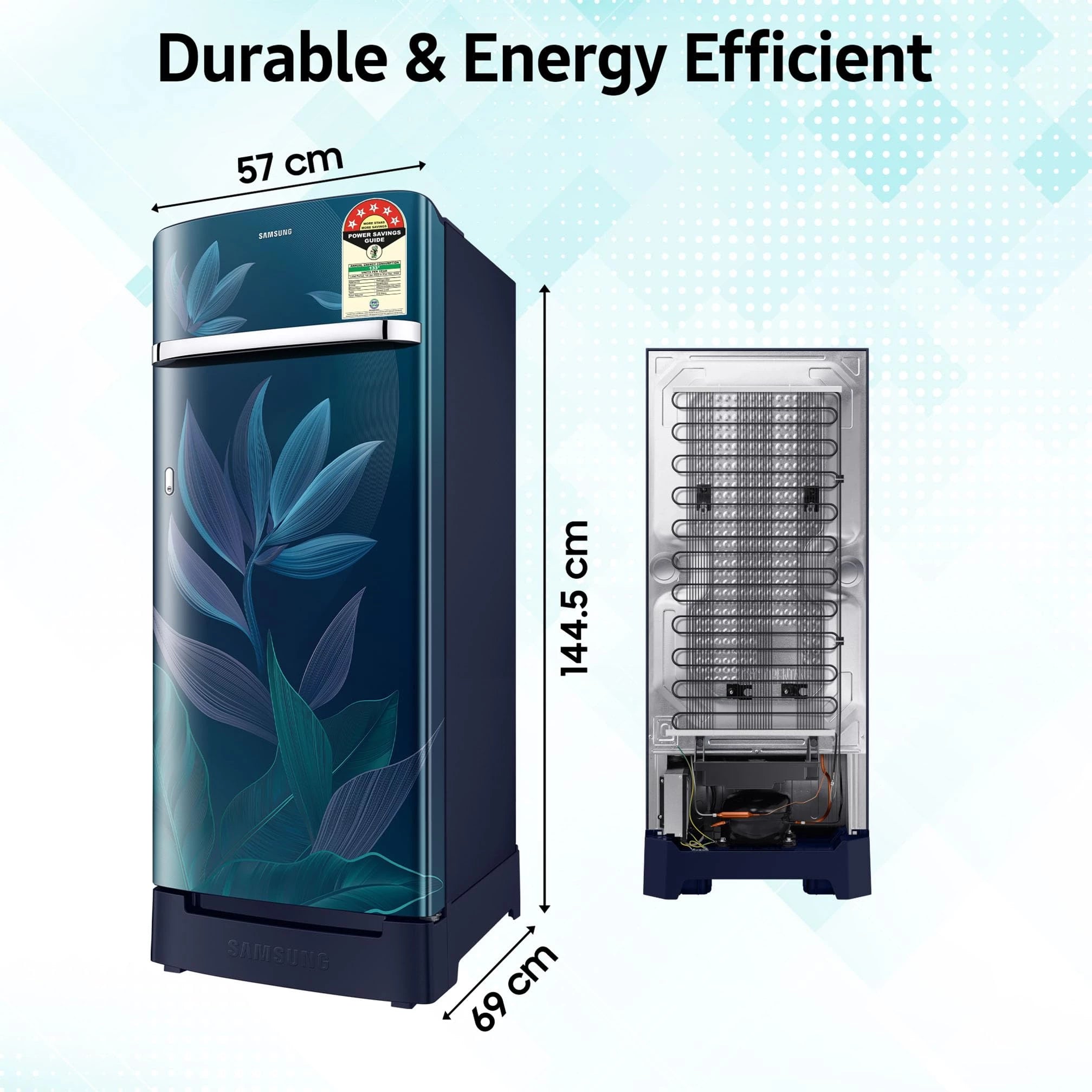 Samsung 215 L, 5 Star, Digital Inverter, Direct-Cool Single Door Refrigerator (RR23D2H359U/HL, Paradise Bloom Blue, Base Stand Drawer)