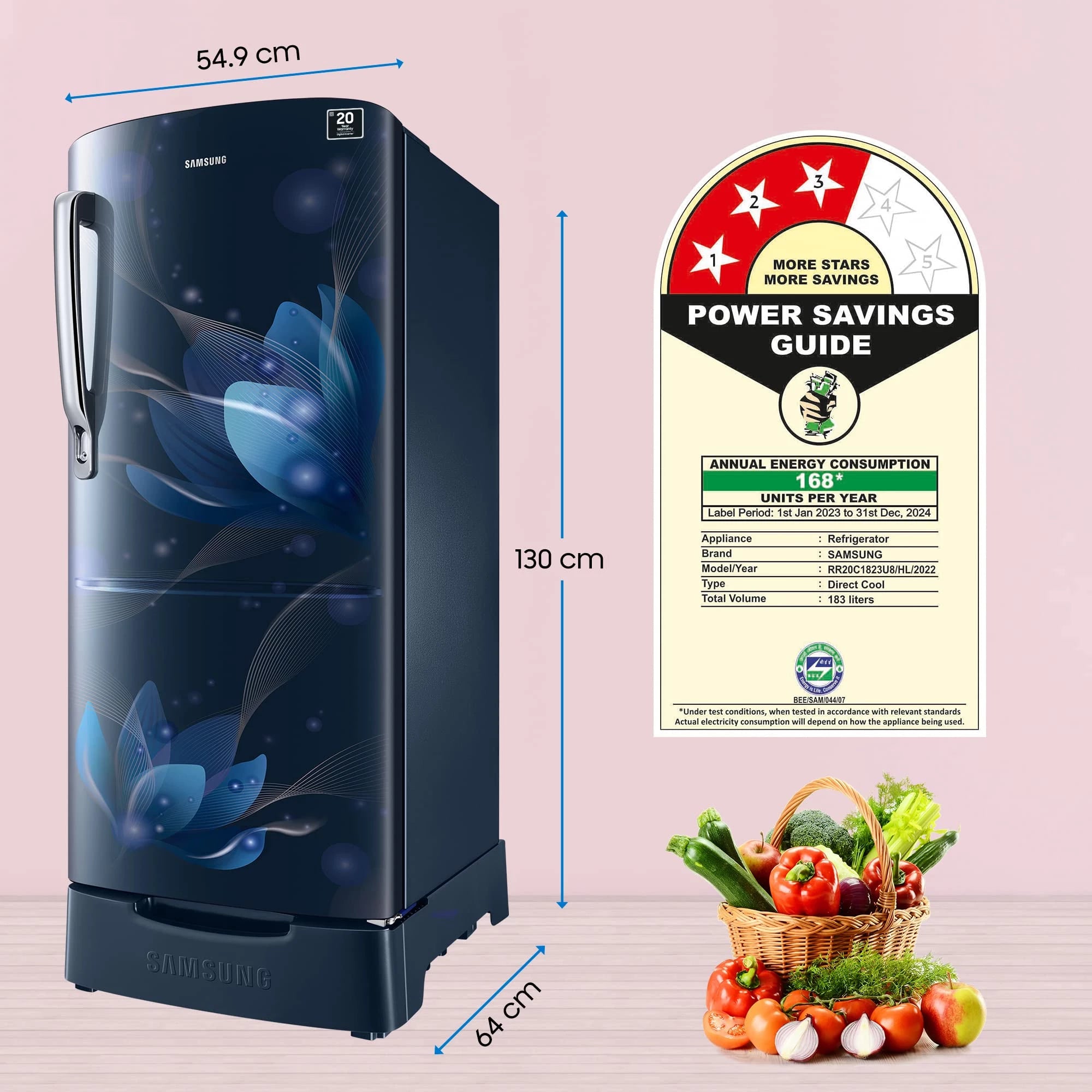 Samsung 183 L, 3 Star, Digital Inverter, Direct-Cool Single Door Refrigerator (RR20C1823U8/HL, Blooming Saffron Blue, Base Stand Drawer)