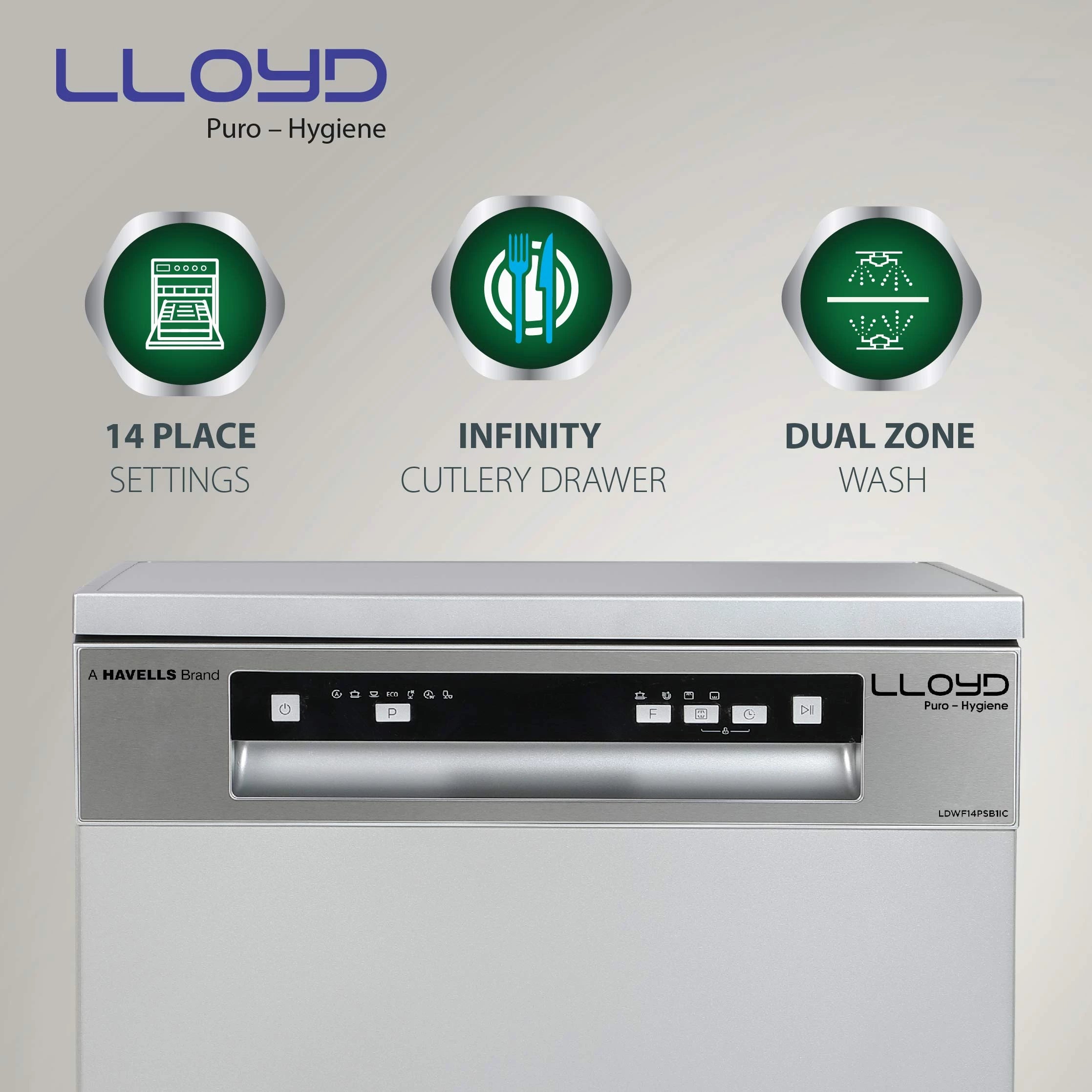 Havells-Lloyd Puro Hygiene (LDWF14PSB1IC, 14 Place Settings, 99% Germs Free with Sparkle Clean Technology, Auto Clean,Infinity Drawer, Super Silent, Silver)