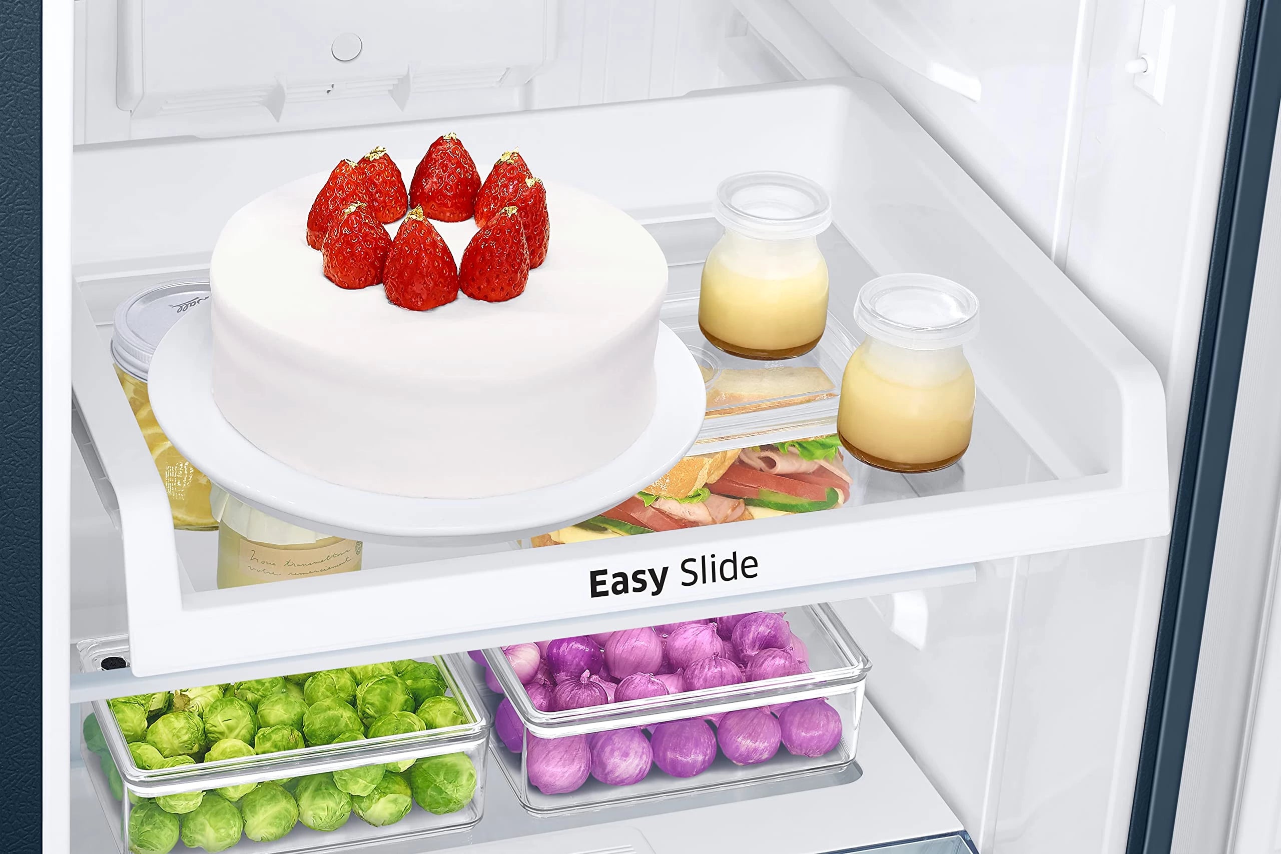 Samsung 236L 2 Star Inverter Frost-Free Double Door Refrigerator Appliance (RT28C3122CU/HL,Camellia Blue), Base Stand Drawer