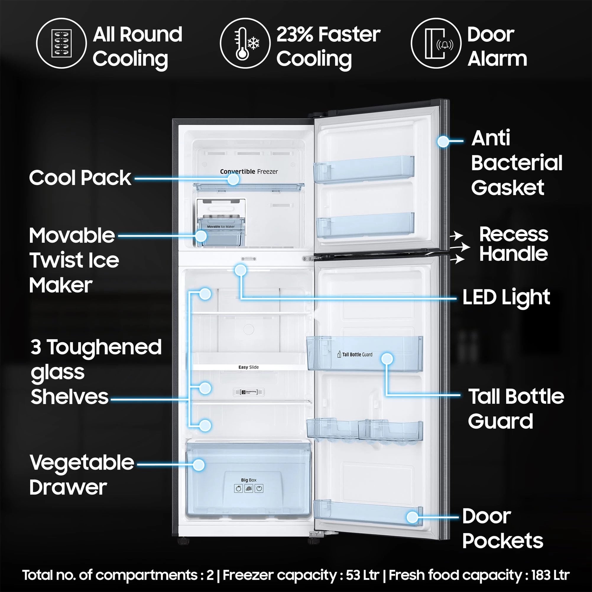 Samsung 236 L, 3 Star, Convertible, Digital Inverter with Display Frost Free Double Door Refrigerator (RT28C3733S8/HL, Silver, Elegant Inox)