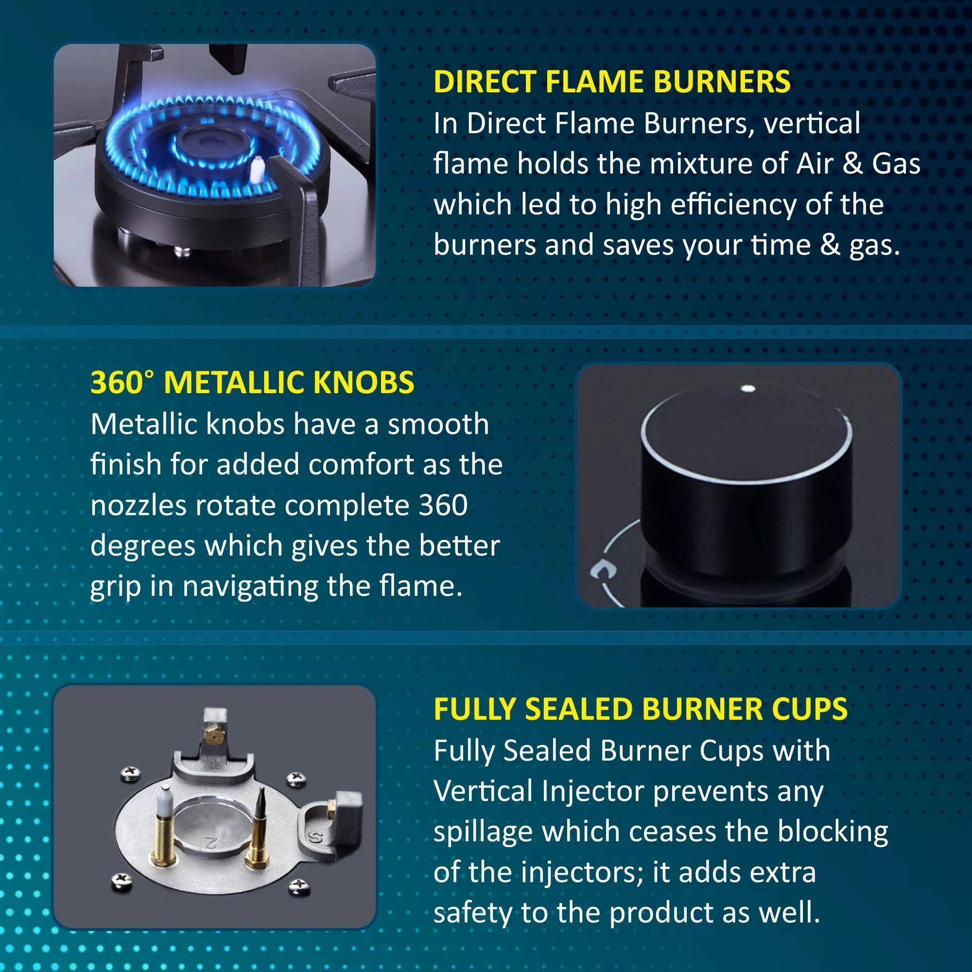 எலிகா ஹாப் 4 பர்னர் ஆட்டோ இக்னிஷன் கிளாஸ் டாப் வித் டைரக்ட் ஃபிளேம் அலுமினிய பித்தளை பர்னர்கள் - 2 சிறிய மற்றும் 2 மீடியம் கேஸ் ஸ்டவ் (IND FLEXI AB 470 DX DFS)