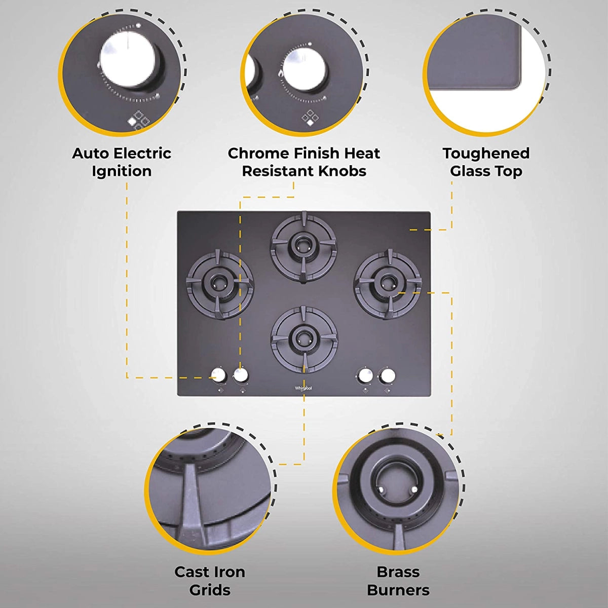 Whirlpool Hob 4 Burner Auto Ignition Gas Stove (Elite HD 704 Brass Gas Hob)
