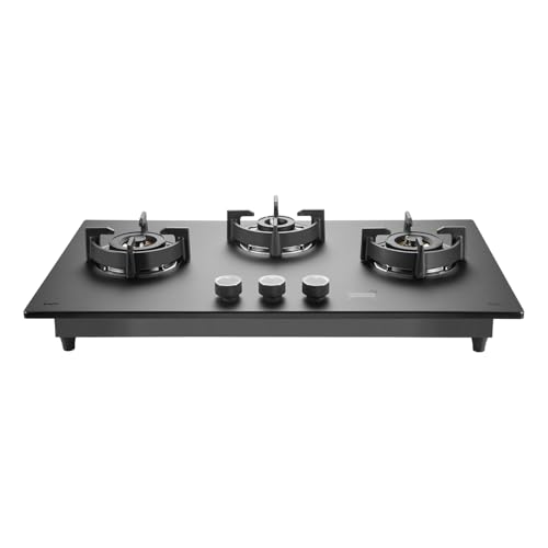 KAFF PRESTON PRS 783 Built-in Hob/Hobtop 3 Burners with Digital Timer, Auto Electric Ignition Glass Top, 78 CM, Full Brass Burners with Flame Failure Device, Metal Knobs (Black)