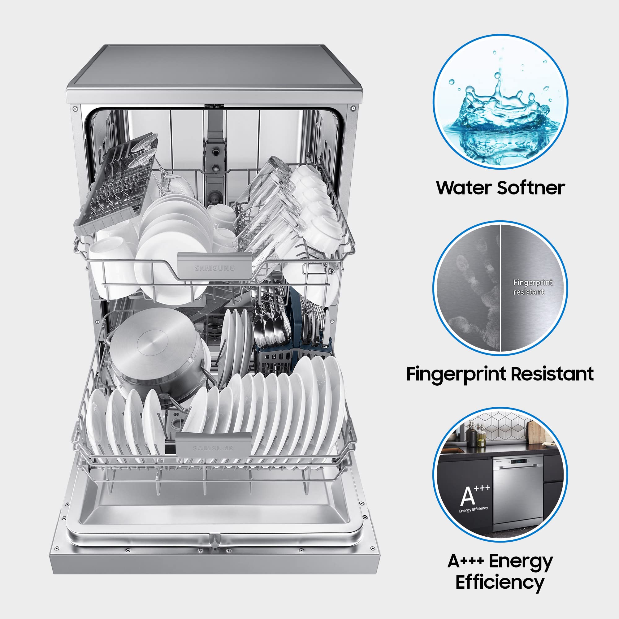 Samsung 13 Place Setting Freestanding Dishwasher with Intensive Wash (DW60M6043FS/TL), Ice blue, Stainless Steel Tub, Hygiene Clean, Height Adjustable Rack)