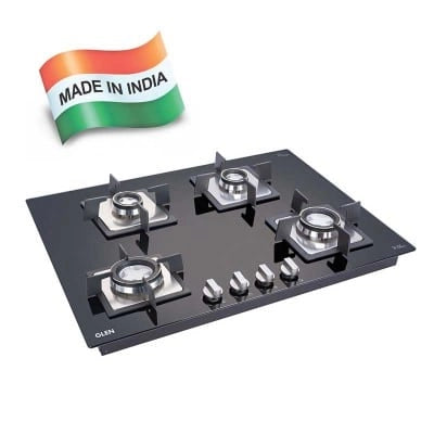 Glen 4 Burner Glass Hob | Double Ring Forged Brass Burner Auto Ignition | 2 years standard & 5 years glass Warranty (BH1074SQDB)
