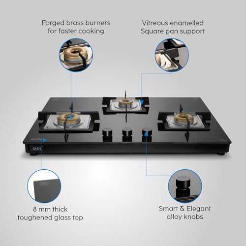 க்ளென் 3 பர்னர் அல்ட்ரா ஸ்லிம் ஃப்ரீ ஸ்டாண்டிங் ஹாப் | 8 MM டஃபன்ட் கிளாஸ் | கருப்பு | போலி பித்தளை பர்னர்கள் | 2 வருட தரநிலை & 5 வருட கண்ணாடி | 1073 US BL 75 செ.மீ.