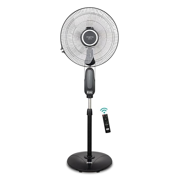 KUHL Inspira P1 BLDC Pedestal Fan | 5 Blades | 6 Speed | Remote Control | Touch Panel & Display | Height & Angle Adjustment | High Air Flow & Low Noise | 400mm | 28W | Black