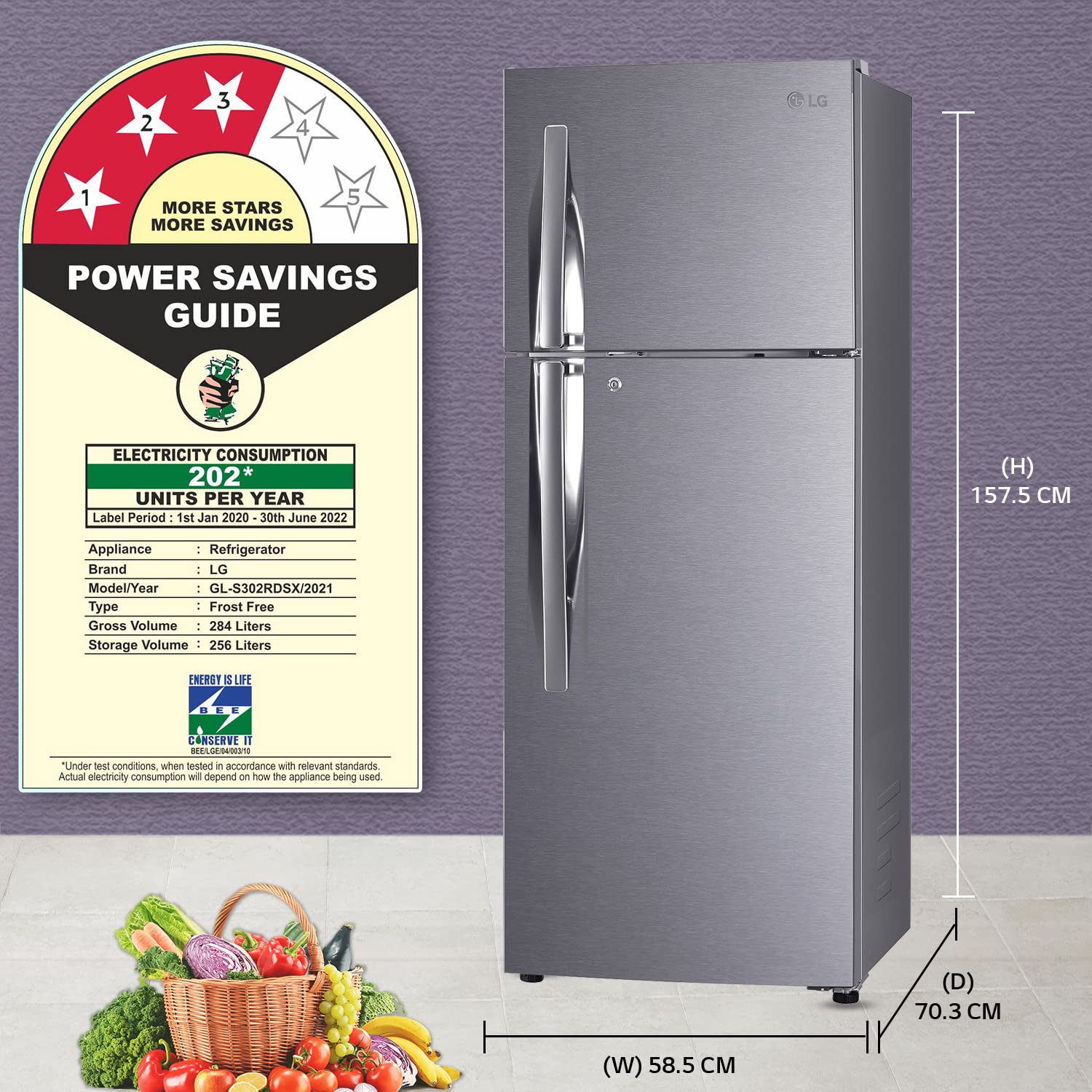 LG 284 L 3 Star Frost-Free Smart Inverter Double Door Refrigerator (GL-S302RDSX, Dazzle Steel, Convertible & Multi Air Flow, 2022 Model)